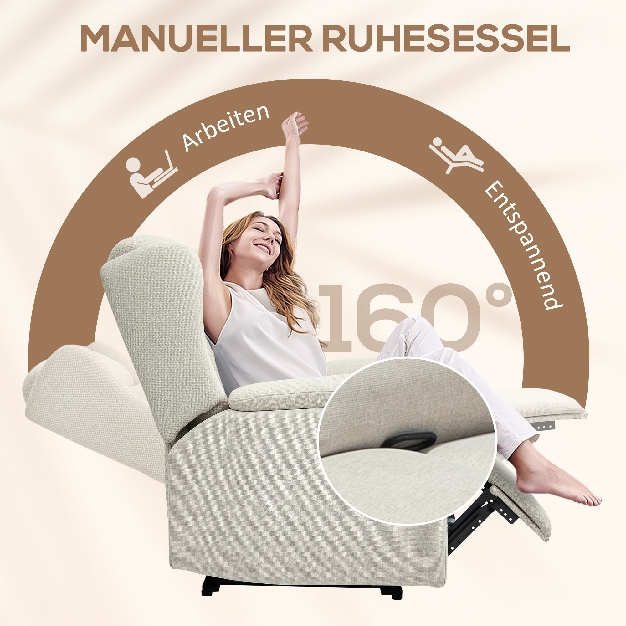 Säädettävä lepotuoli jalkatuella, beige, 160° - Image 4