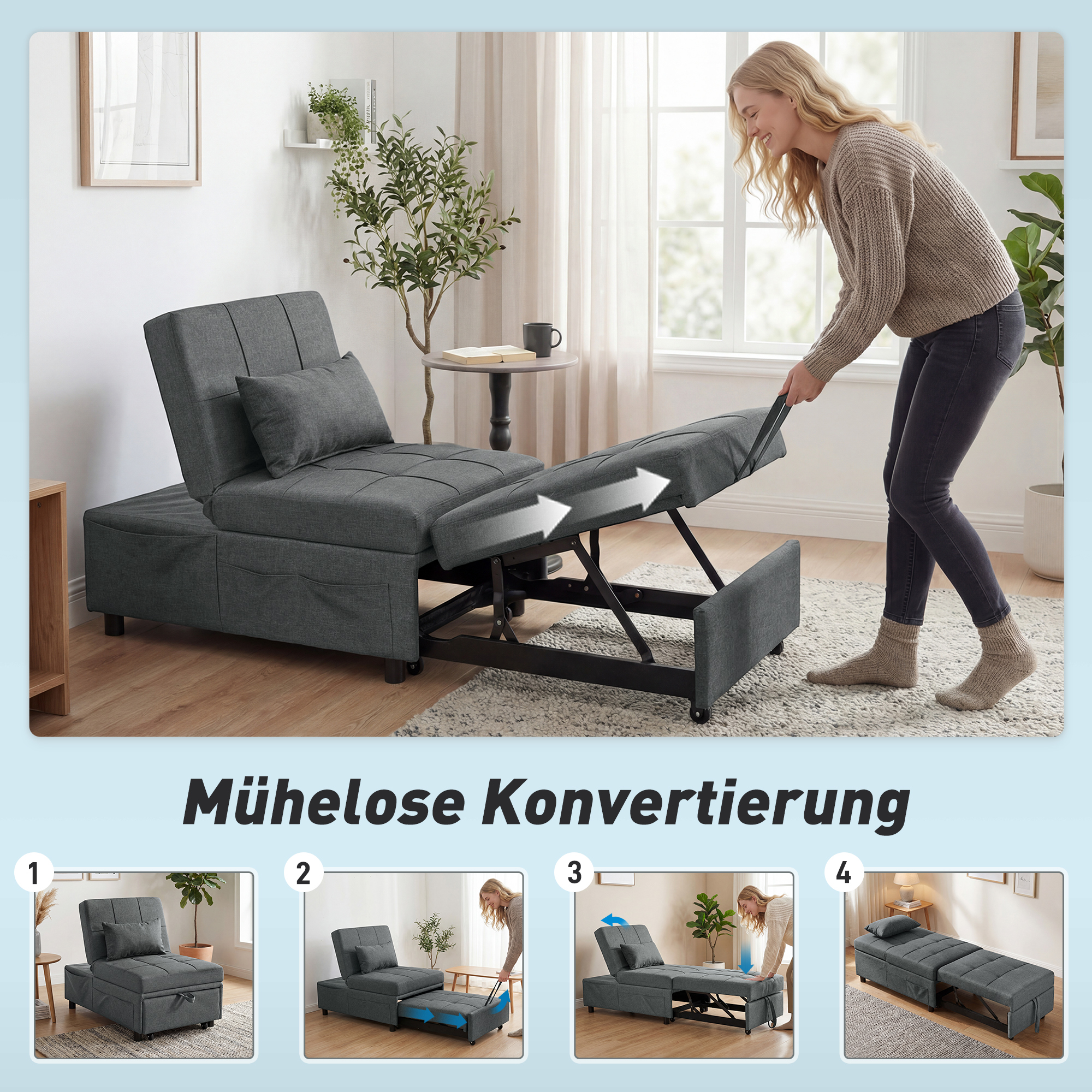 4-in-1 atpūtas krēsls ar sānu kabatām, pelēks, 65,5 x 104 x 81 cm - Image 4
