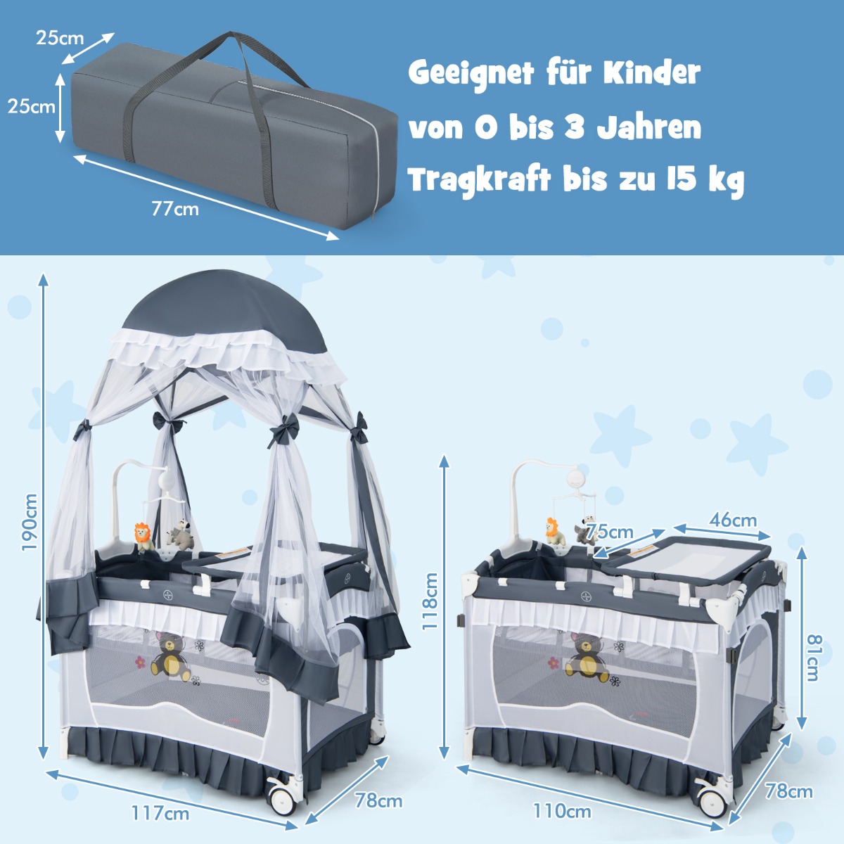 4-in-1 kūdikio lovelė su nuimamu stogeliu, pilka - Image 3
