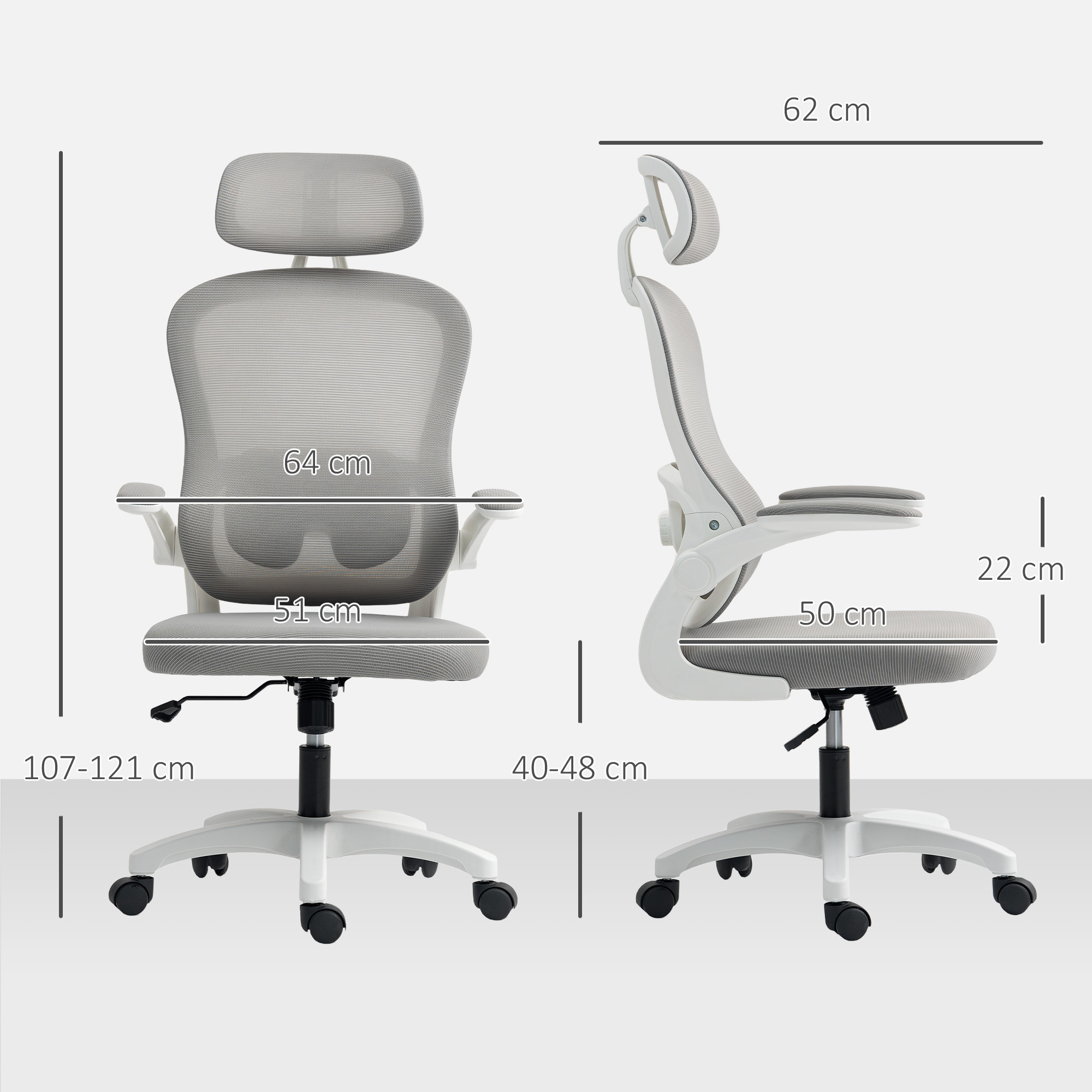 Ergonomisks biroja krēsls ar sieta atzveltni, pelēks, 64 x 62 x 107-115 cm - Image 3