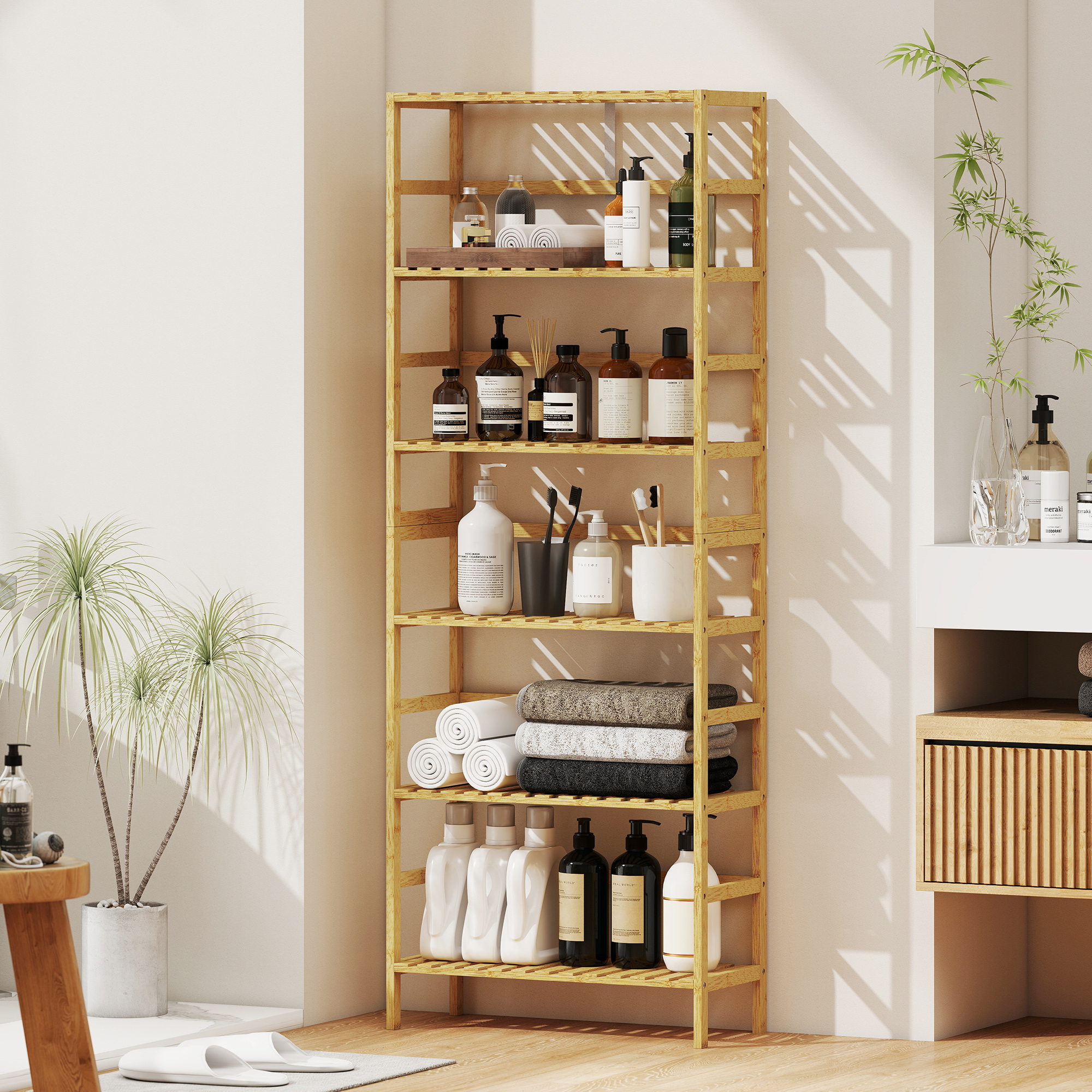 6-tasoinen bambuhylly, säädettävät hyllyt, luonnonpuun värinen - Image 2