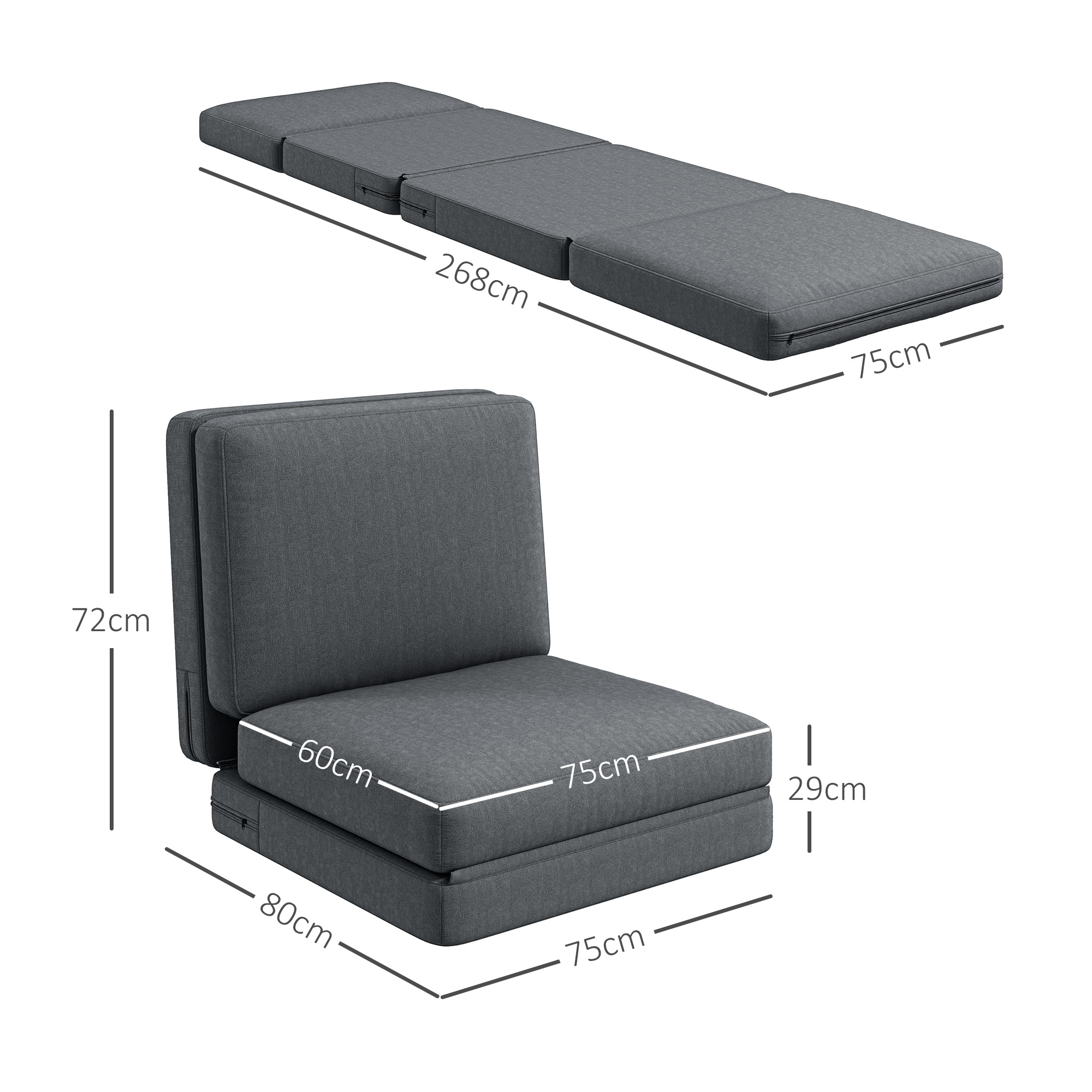 Sulankstoma grindų kėdė su pagalvėle, transformuojama sofa, tamsiai pilka, 75 x 268 x 18 cm - Image 3