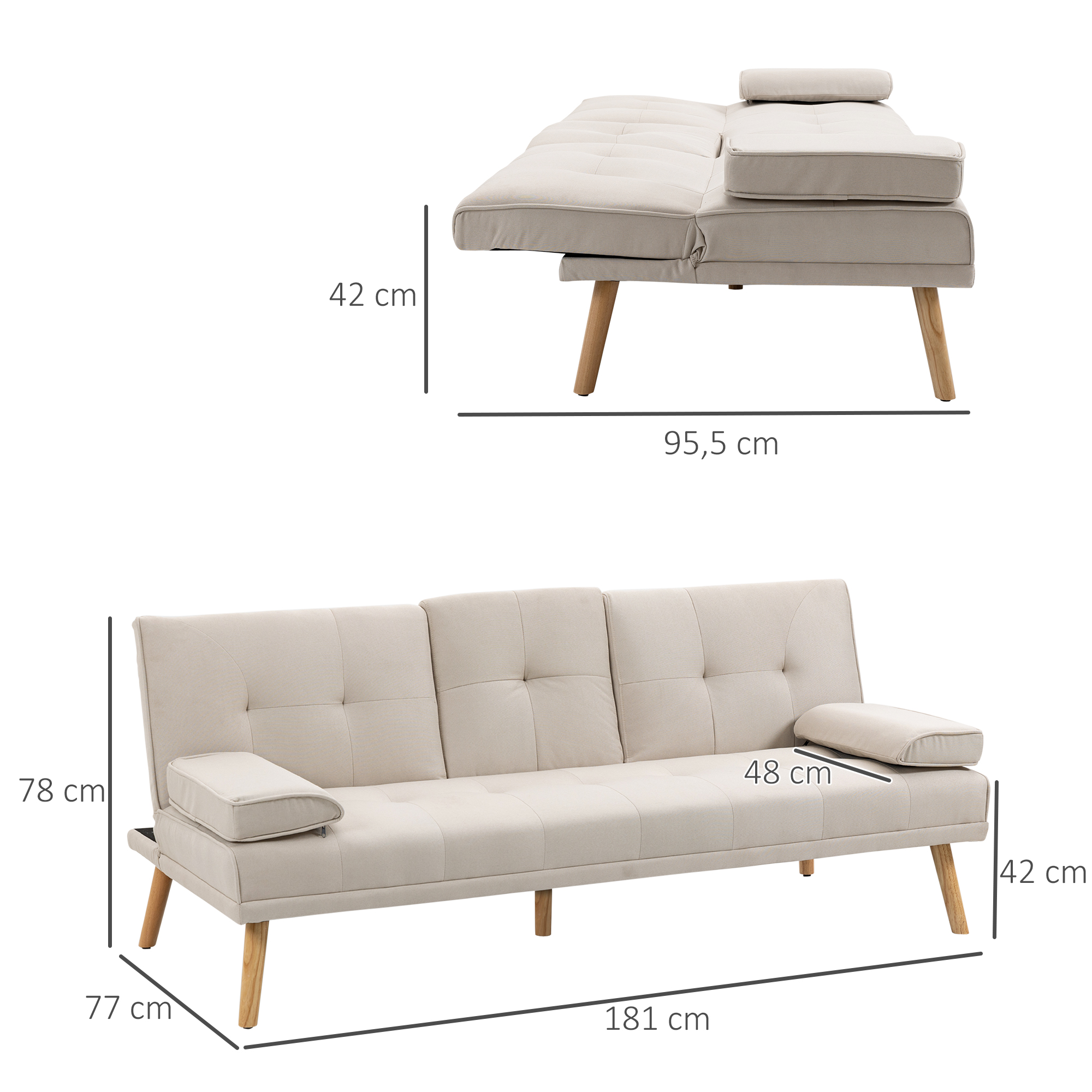 Miegamoji sofa 3 vietų, atlošas su 3 padėtimis, atlenkiamu staliuku, smėlio spalvos, 181 x 77 x 78 cm - Image 3
