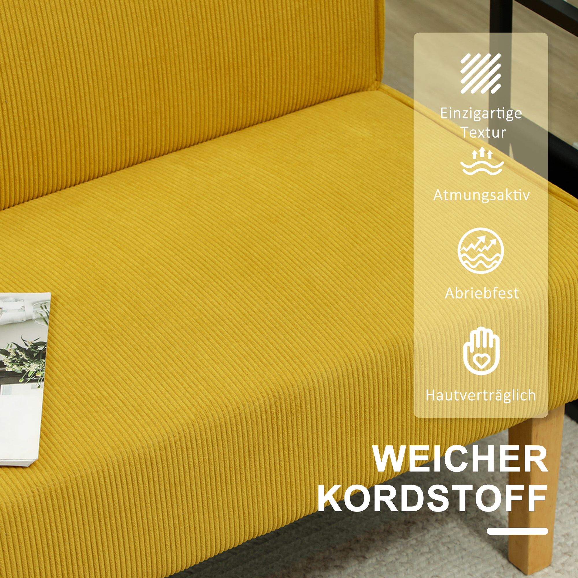Dvivietė sofa su kordurojaus apmušalu, geltona, 110 x 62 x 85 cm - Image 4