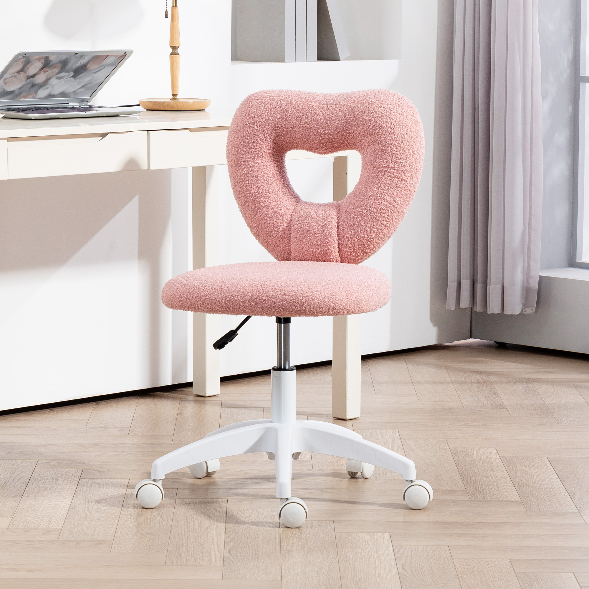 Rozā biroja krēsls ar sirds formas atzveltni, Teddy fleece, 78-88 cm - Image 2