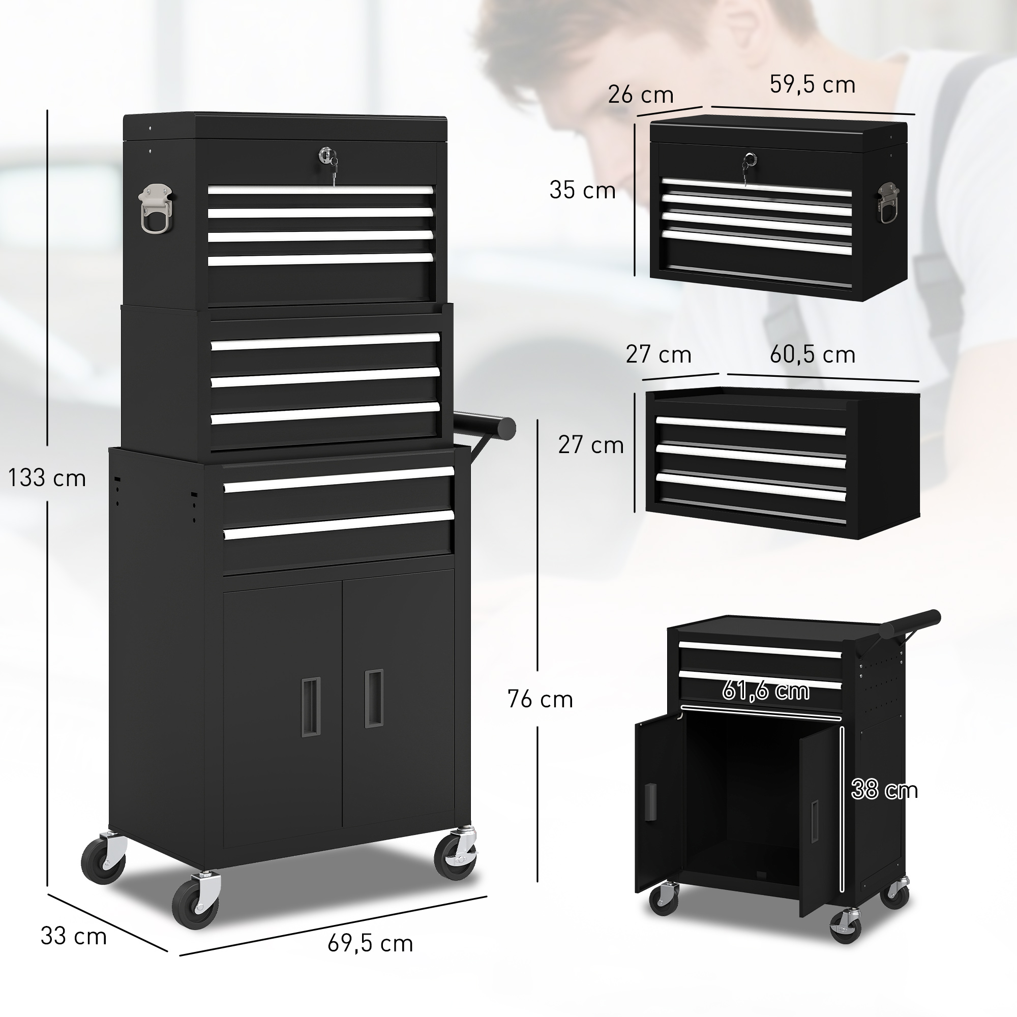 3-in-1 työkalukaappi 4 pyörällä, lukittava, 9 laatikkoa, teräs, musta - Image 3