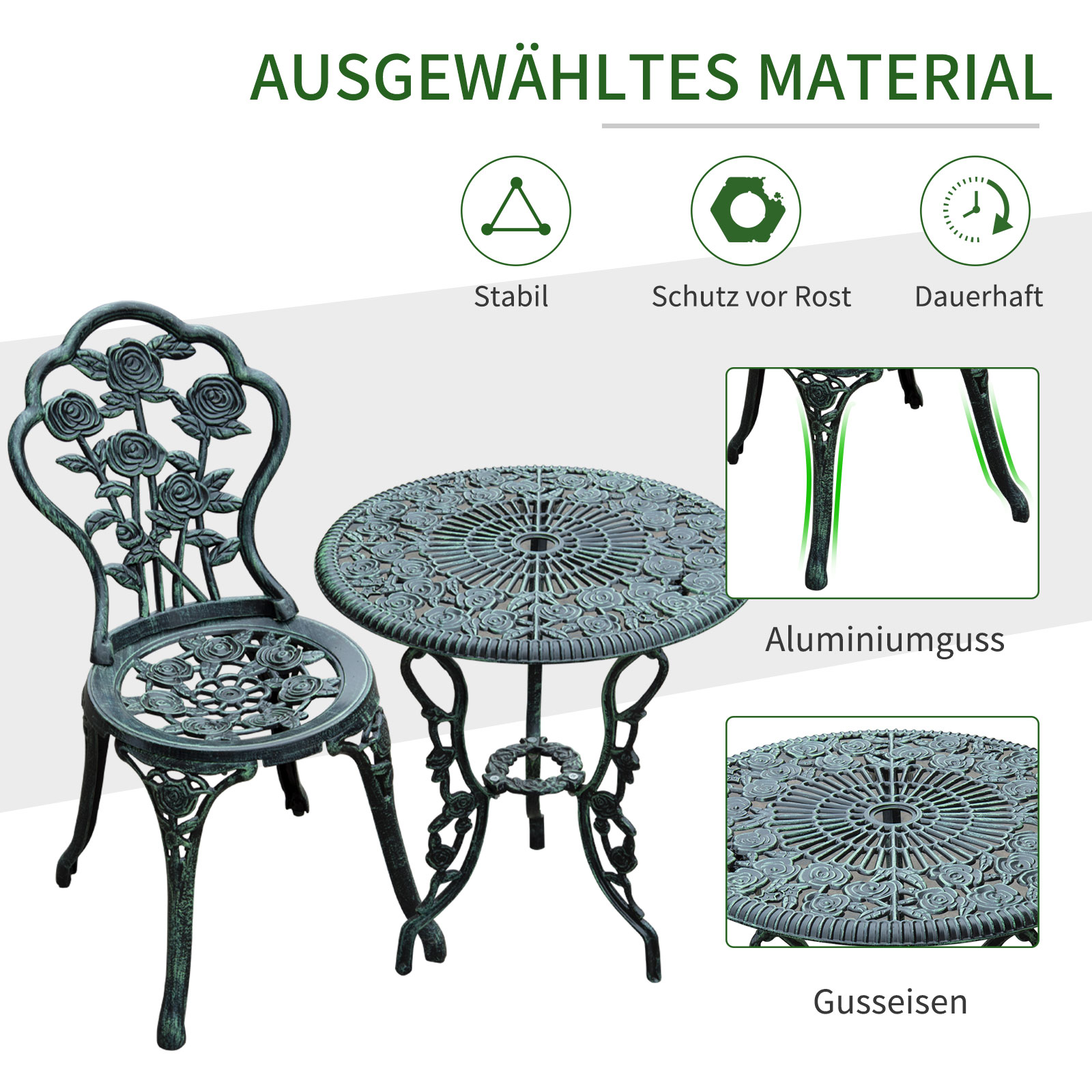3-osainen bistrosarja puutarhakalusteet 2 hengelle, antiikinvihreä, valualumiiniumi - Image 6