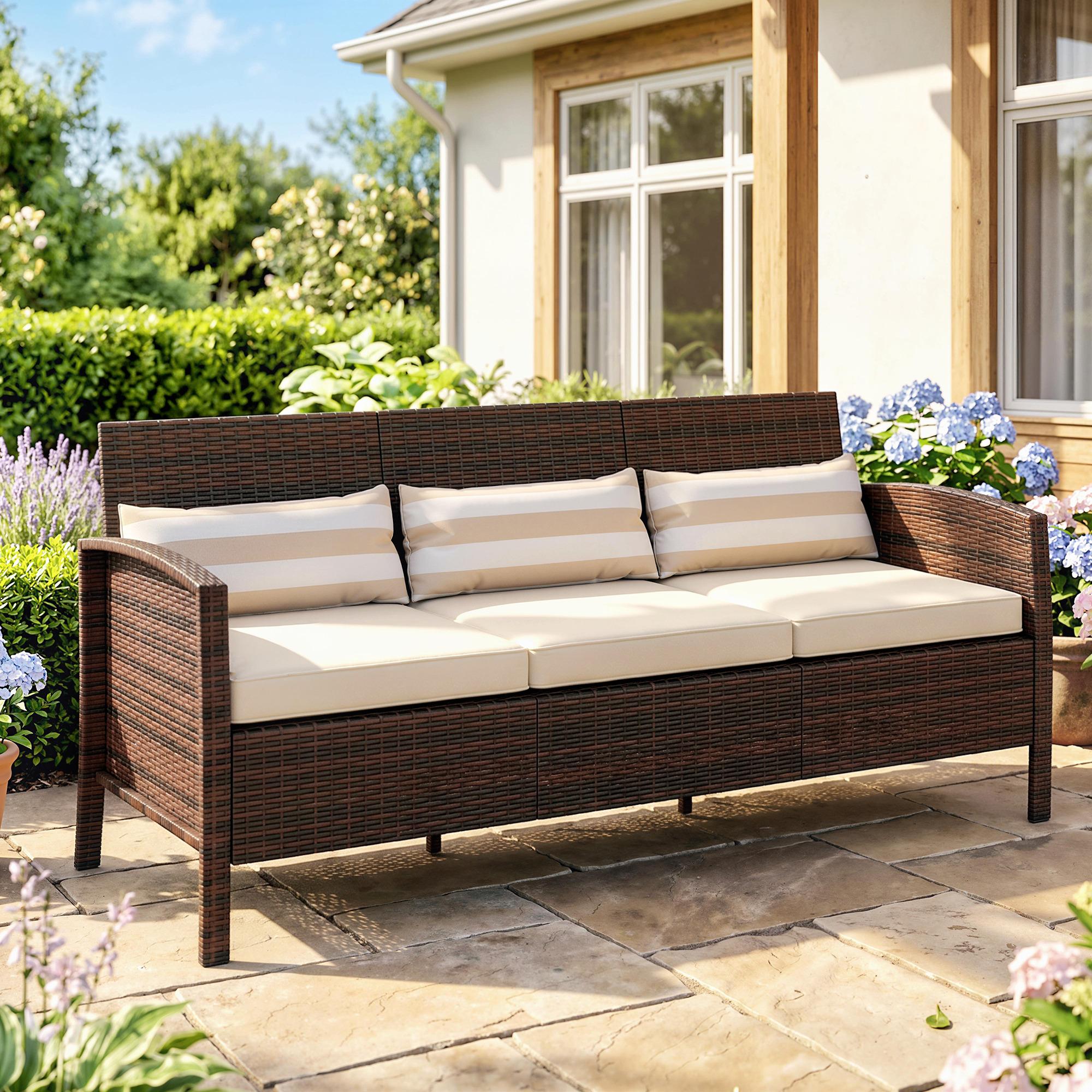 3 vietų lauko sofa su pagalvėlėmis, rudos spalvos, 173 x 68 x 78 cm - Image 2