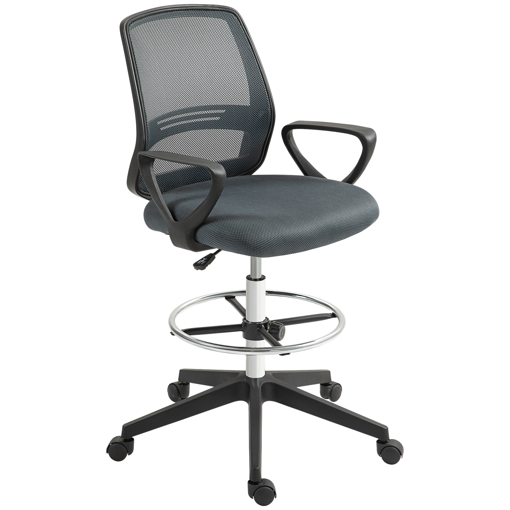 Ergonomisks biroja krēsls ar roku balstiem un regulējamu kāju riņķi, pelēks, 68 x 66 x 100–120 cm