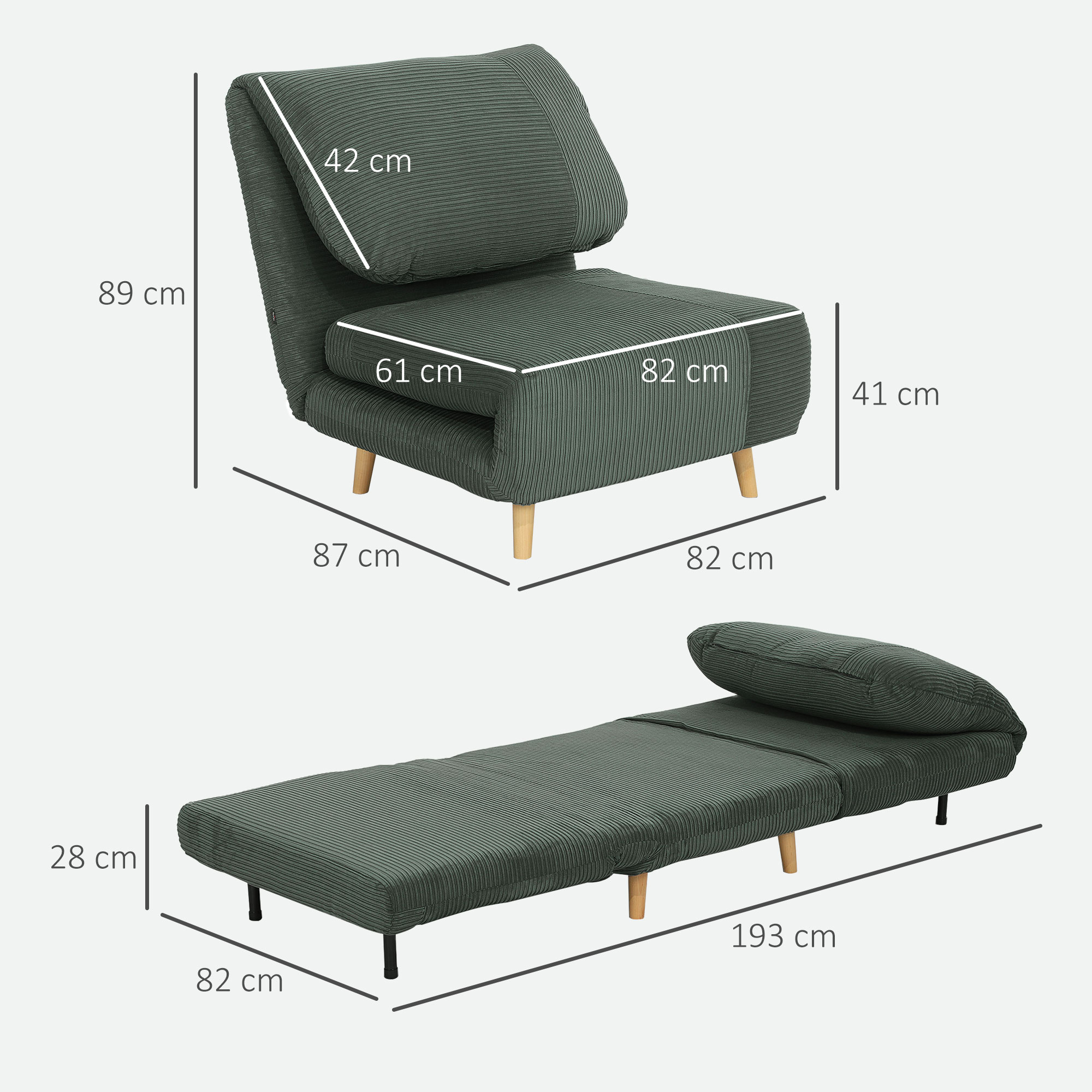 2-in-1 guļamkrēsls / viesu gulta, regulējams atzveltne, korduroja efekts, 82 x 87 x 89 cm, zaļš - Image 3