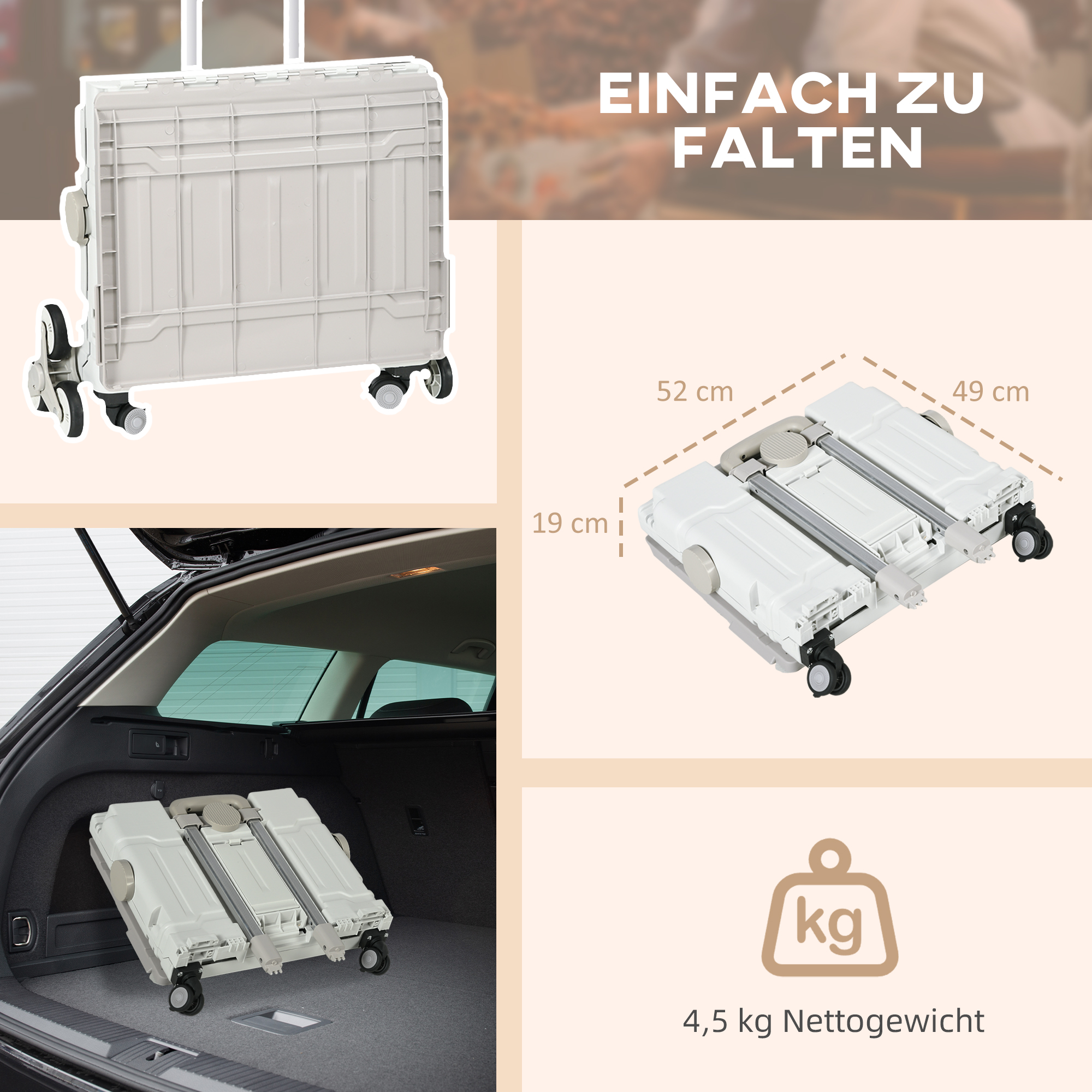 Saliekams kāpņu iepirkumu ratiņi, balti, 51 l - Image 4
