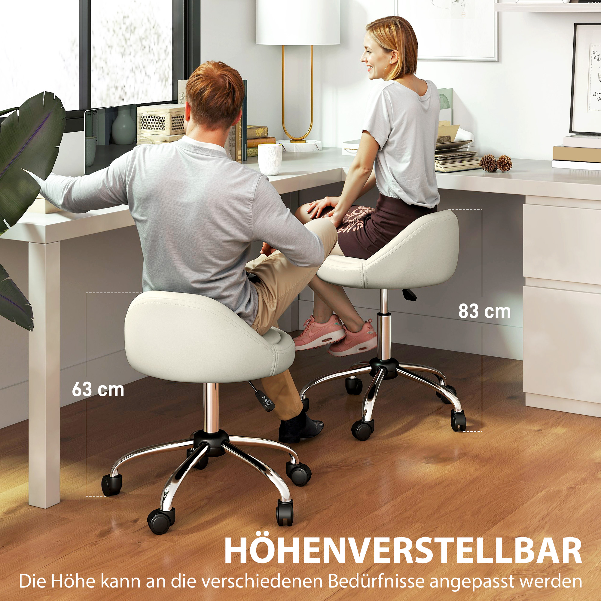 Regulējama augstuma taburete ar ritentiņiem, balta, Ø50 x 63-83 cm - Image 4
