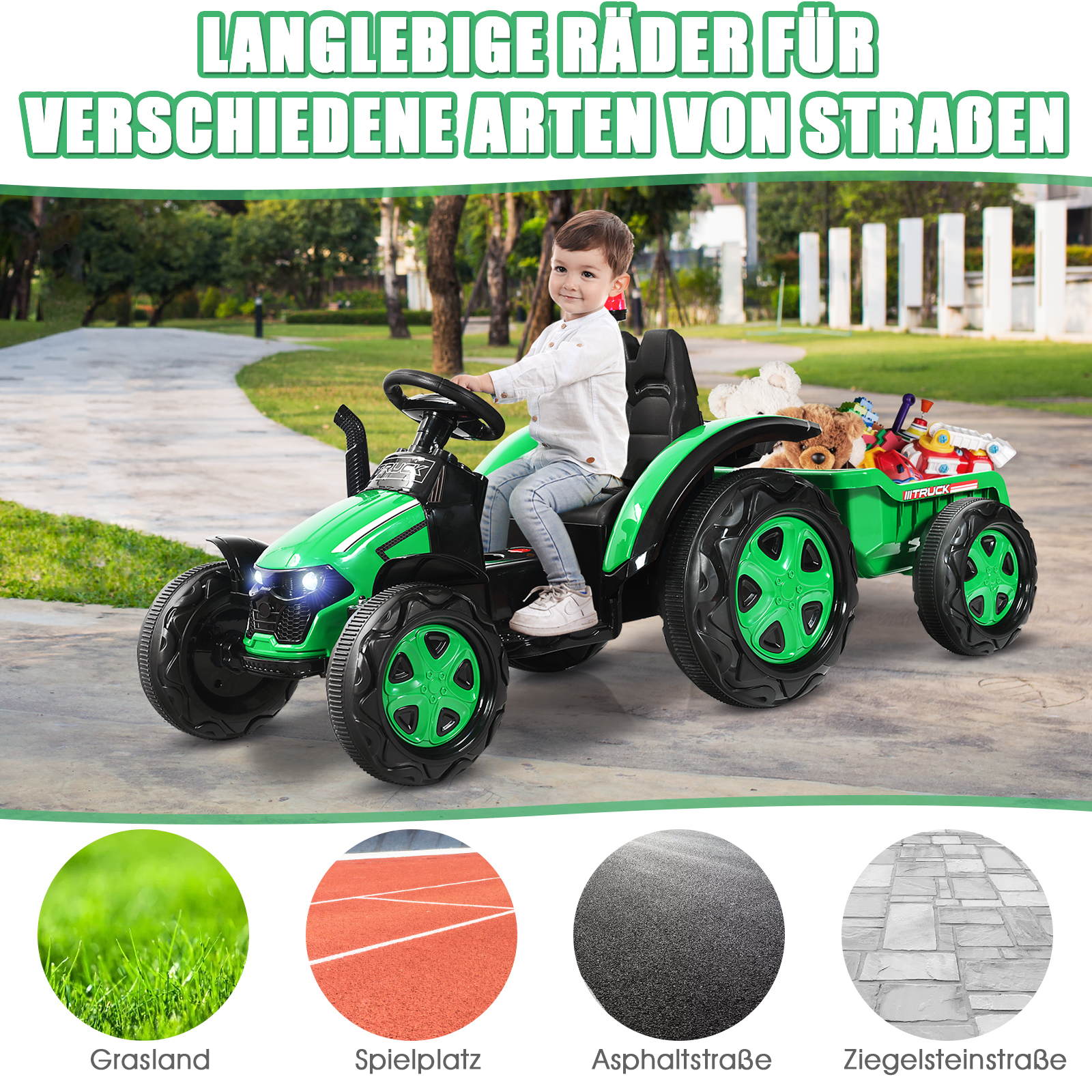 12V laste elektritraktor haagisega roheline