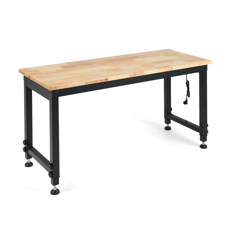 Korkeussäädettävä työpöytä metallirungolla, työkalupaneelilla ja pistorasioilla, musta/puunvärinen, 122 x 51 x 68-101 cm