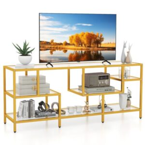 147 cm TV staliukas su metaliniu rėmu ir stiklo lentynomis, auksinis