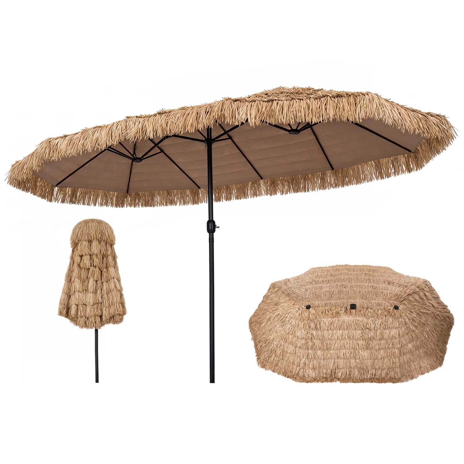 Divpusīgs niedru tiki terases lietussargs, brūns - Image 3