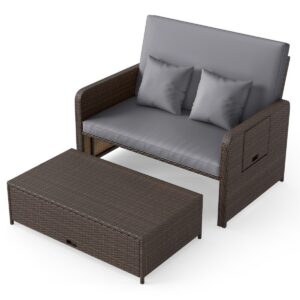 Lauko sofa su ottomanu, mišri ruda, 2 vietų, PE rotangas