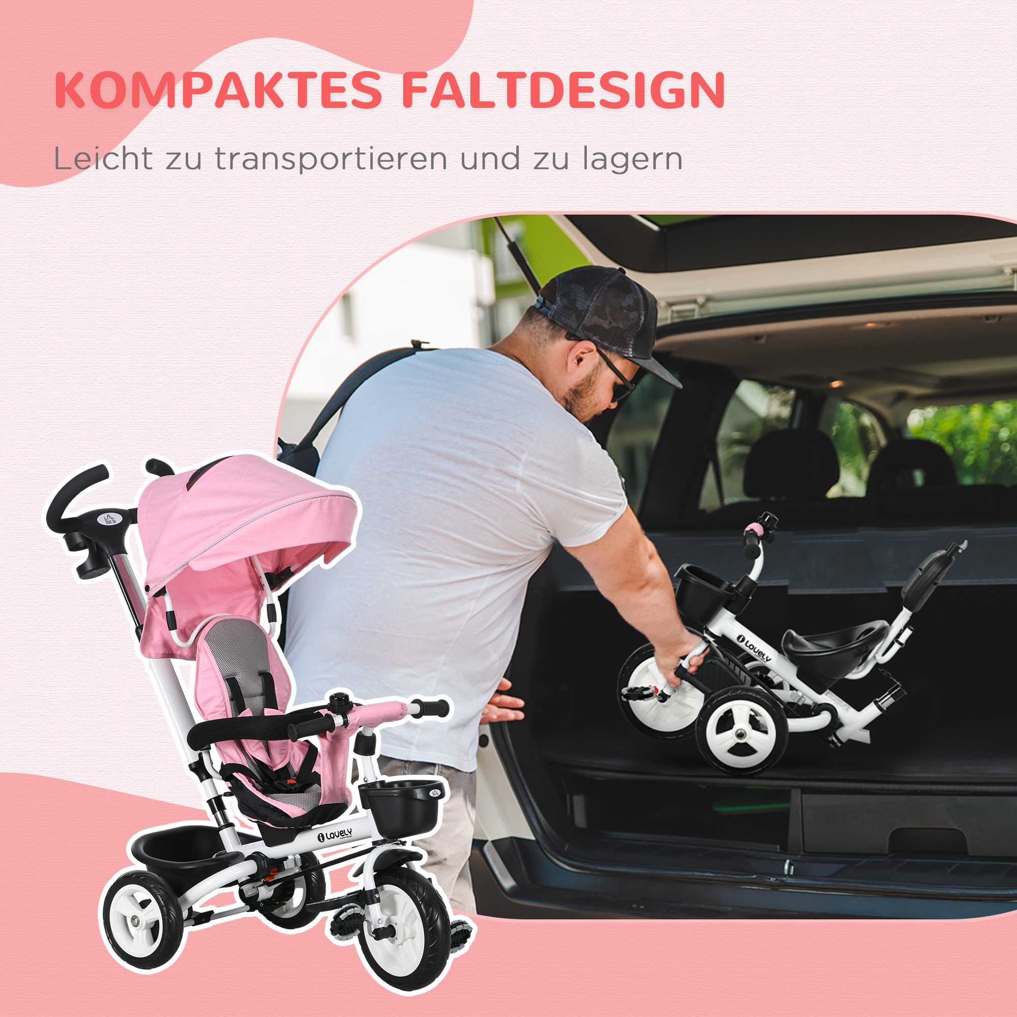 6-in-1 lasten kolmipyörä työntökahvalla, katoksella, turvavyöllä ja korilla, alkaen 18 kk, vaaleanpunainen - Image 5
