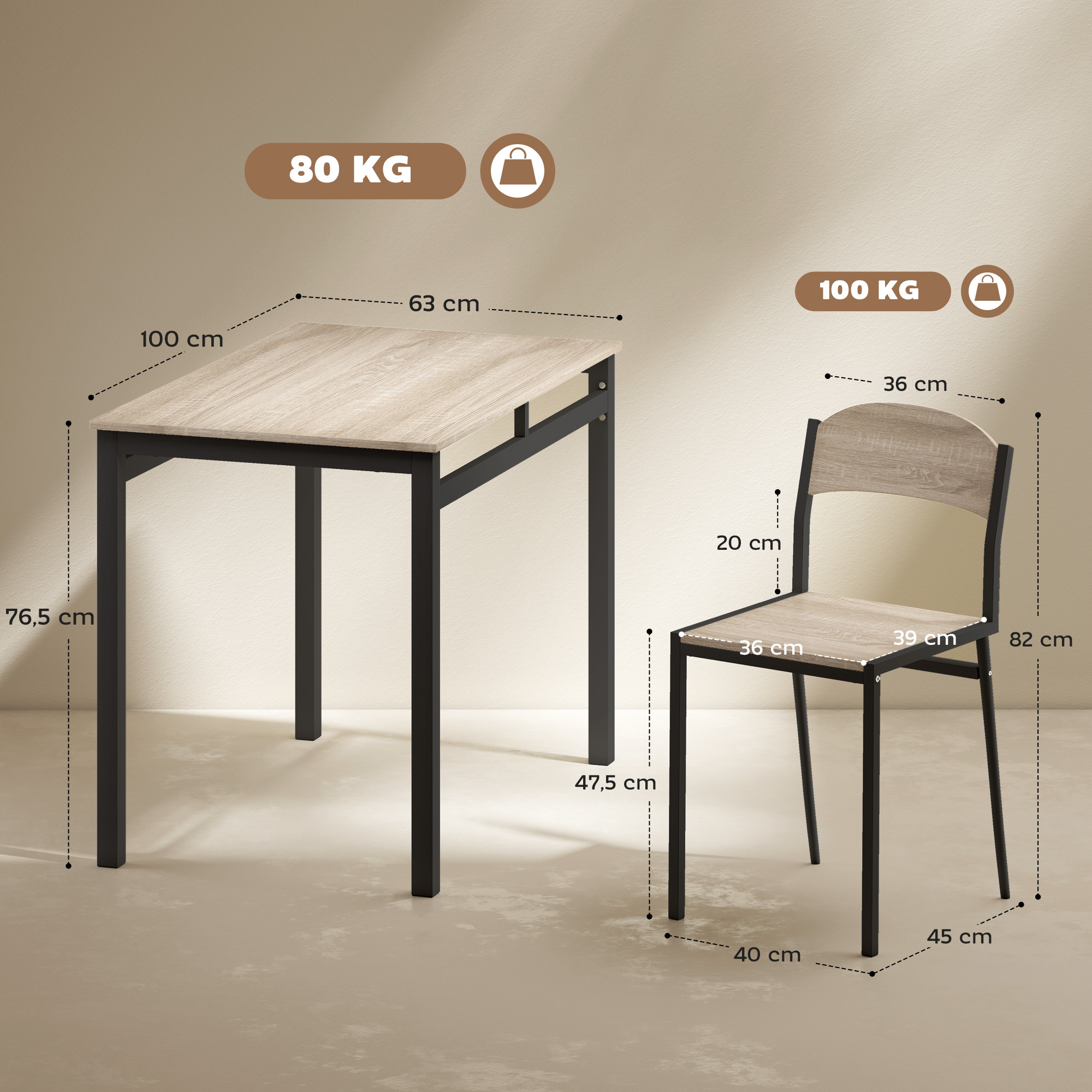5 dalių valgomojo komplektas, valgomojo stalas su 4 kėdėmis, ąžuolo spalvos, MDF, metalas - Image 3