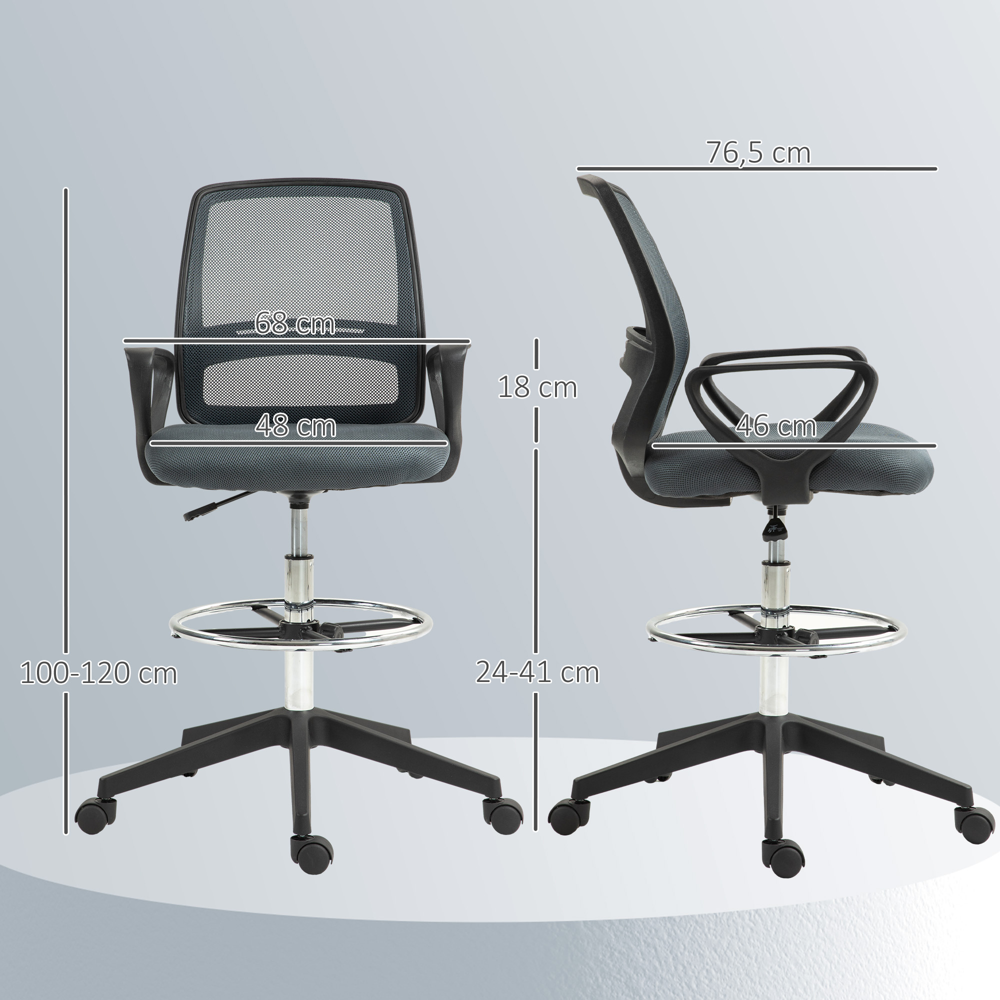Ergonomisks biroja krēsls ar roku balstiem un regulējamu kāju riņķi, pelēks, 68 x 66 x 100–120 cm - Image 3