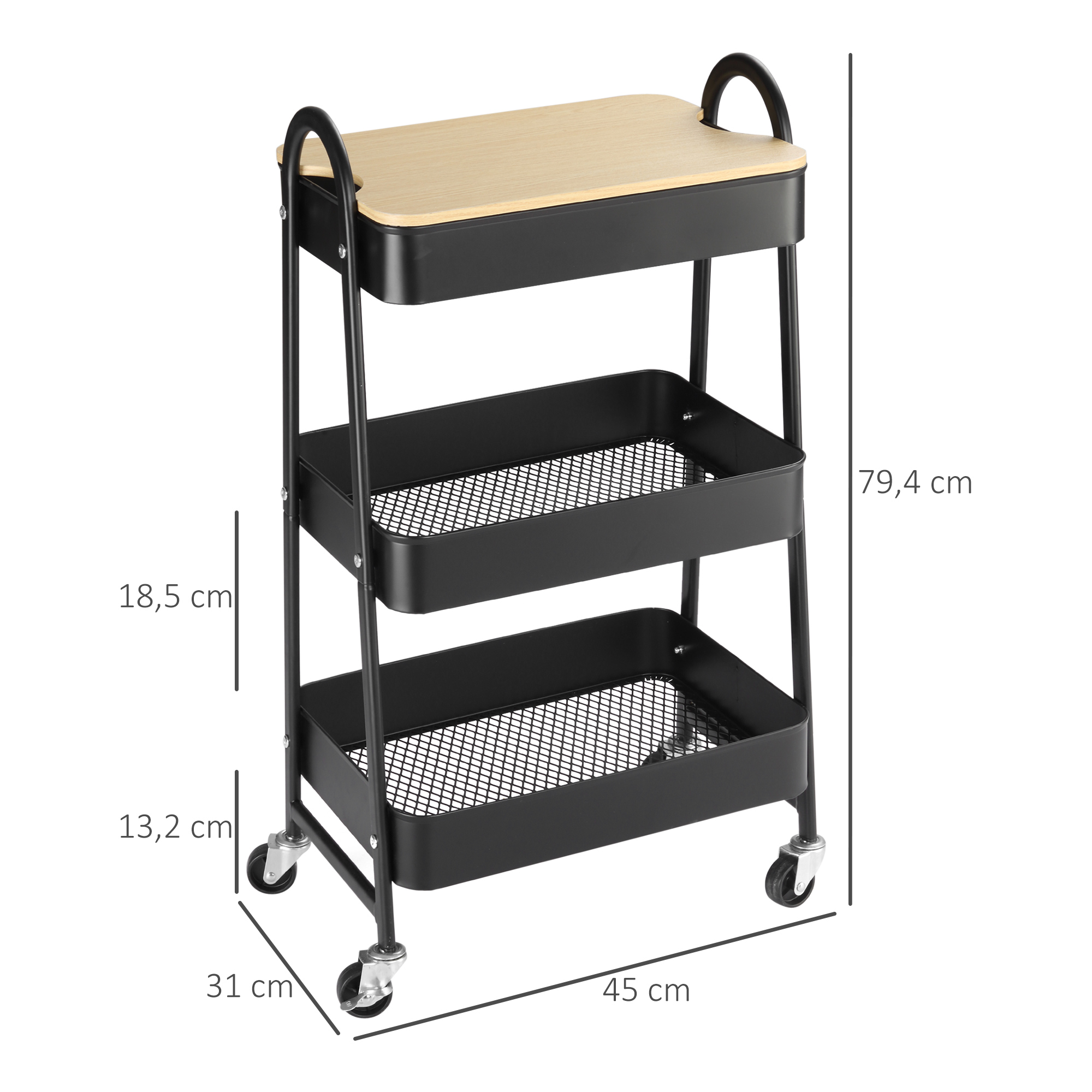 Servēšanas ratiņi ar 3 grozu plauktiem, metāls, plastmasa, melni, 45 x 31 x 79,4 cm - Image 3
