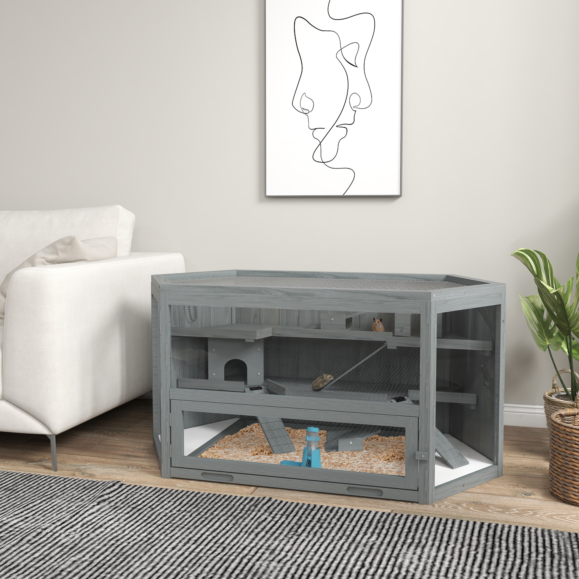 Hamsterihäkki, 3 tasoa, irrotettava pohja-allas, puu/metalli, harmaa, 115 x 60 x 55 cm - Image 2