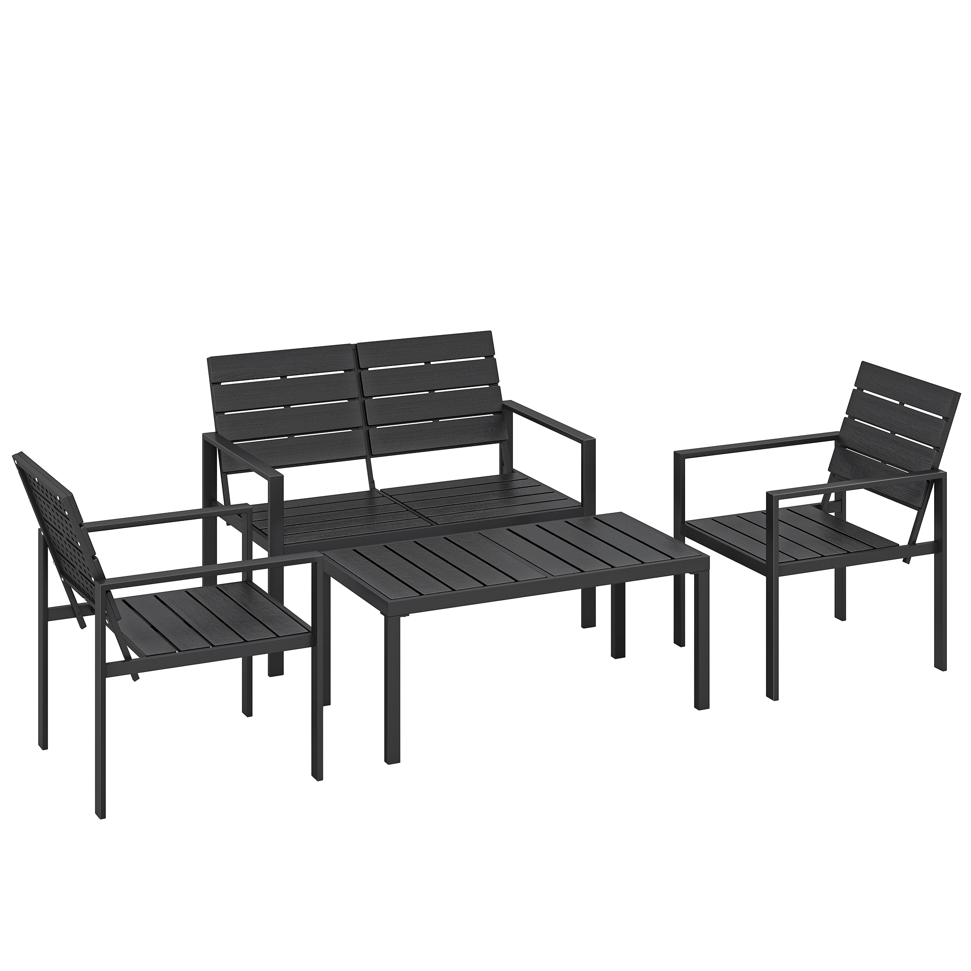 Aiamööbli komplekt 4 inimesele, 2-kohaline diivan, 2 tugitooli, lai kohvilaud, HDPE-lauad, must