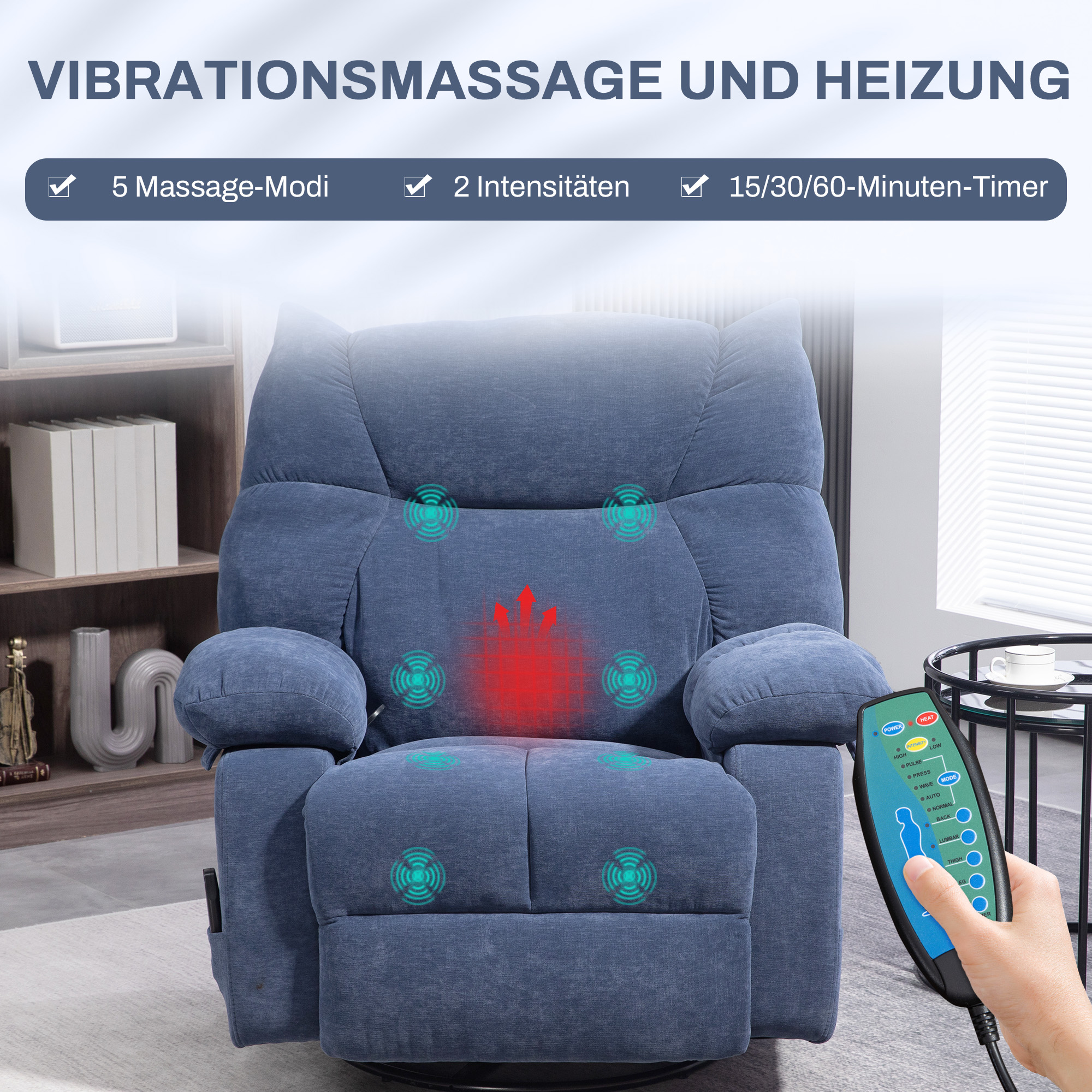 Masažinis krėslas su šildymo funkcija ir atlošimo funkcija, sukamas, mėlynas, iki 150 kg, 98 x 90 x 98 cm - Image 4
