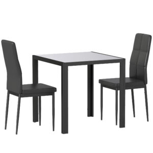 Söögilaua komplekt 2 inimesele, 3-osaline, must, karastatud klaas, metall