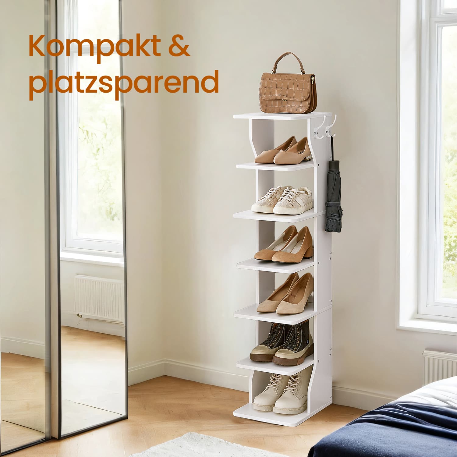 Apavu plaukts, šaurs, 7 līmeņi, balts, kokskaidu plātne, 30 x 26,4 x 110,4 cm - Image 2