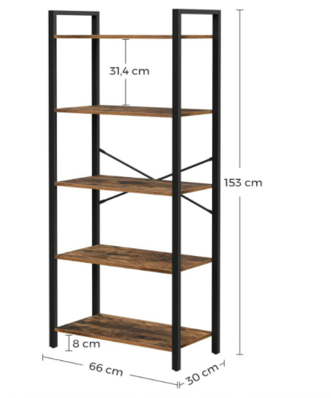 Uzglabāšanas plaukts ar 5 līmeņiem, 66 x 30 x 153 cm, skaidu plātne un tērauds, brūns-melns - Image 5