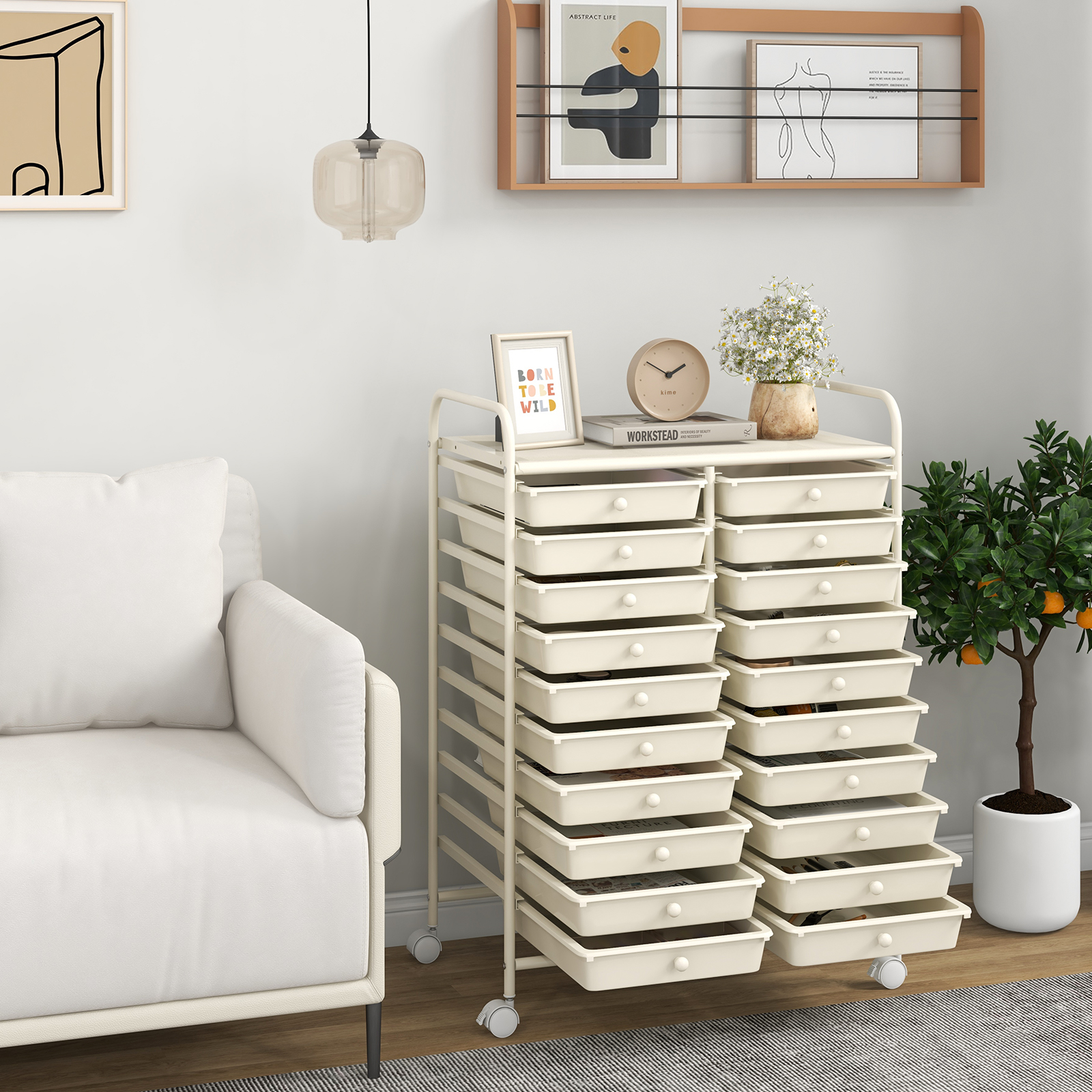 20 stalčių riedantis laikymo vežimėlis, smėlinė - Image 2