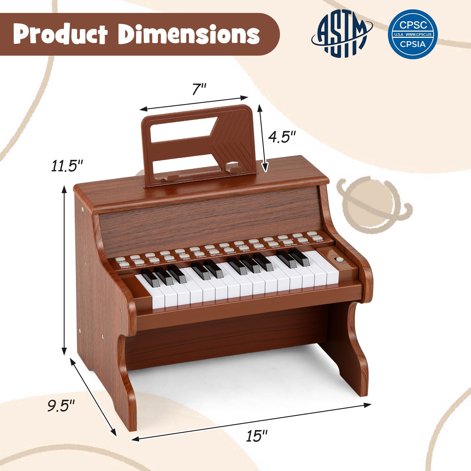 25 klavišų vaikų mini skaitmeninis pianinas rudas - Image 4
