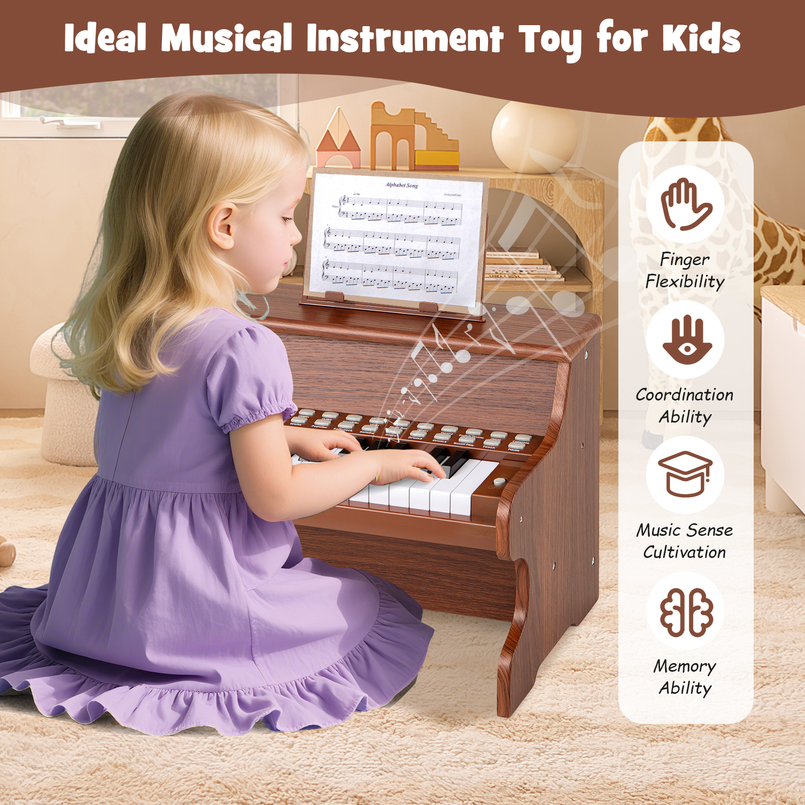 25 klavišų vaikų mini skaitmeninis pianinas rudas - Image 8