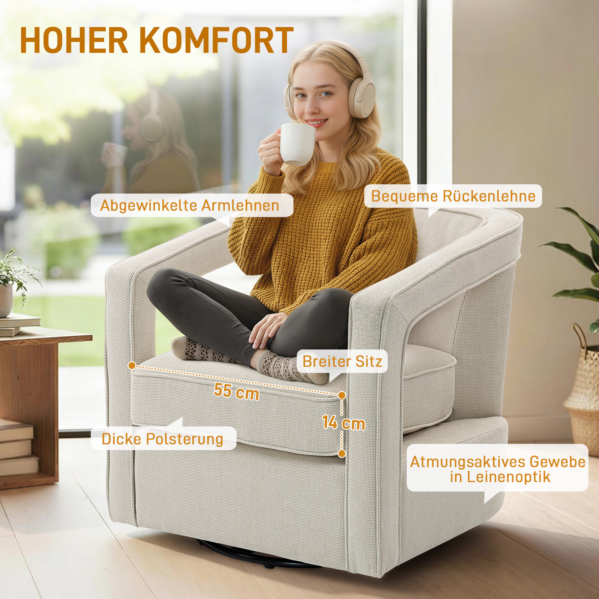 Kääntyvä lounge-tuoli, beige, 75 x 77 x 72 cm - Image 4