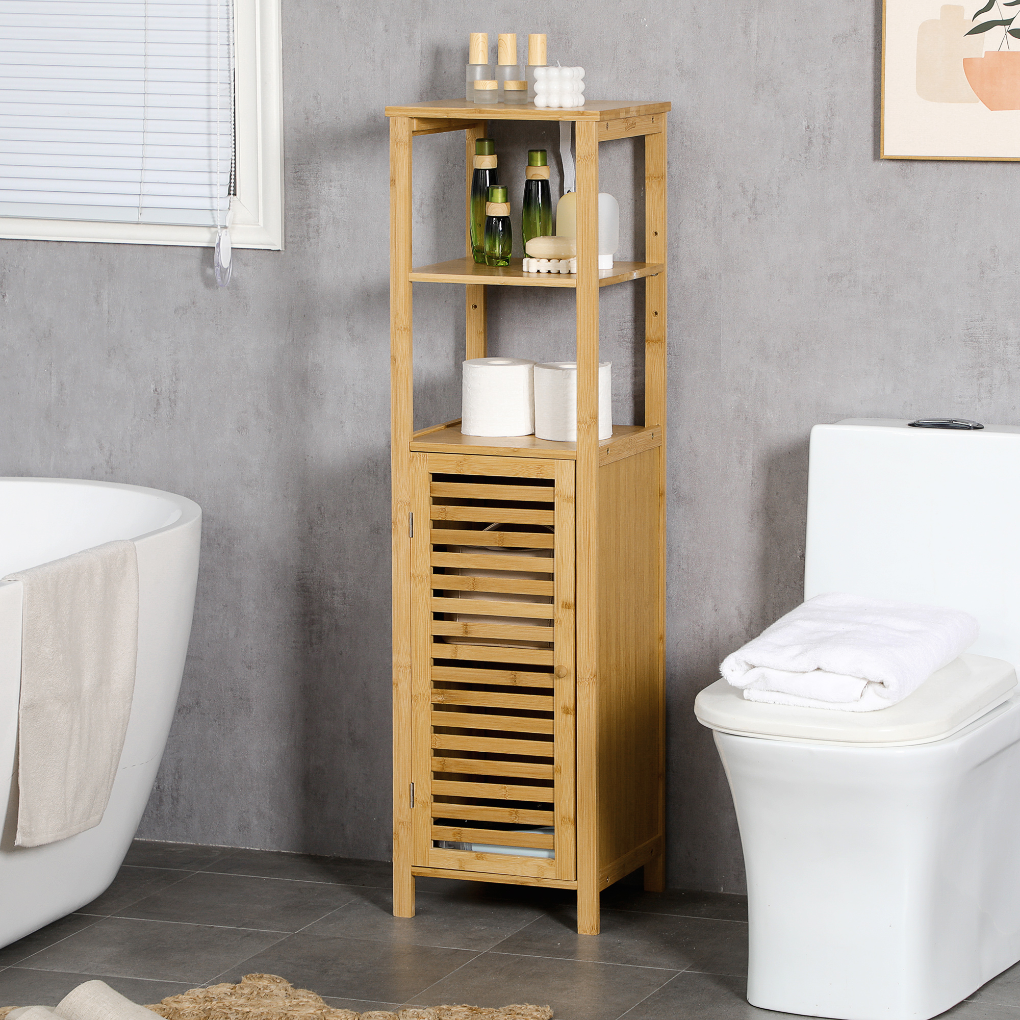 Kylpyhuonekaappi säleovella, bambus, luonnonpuun väri, 32,9 x 29,9 x 120 cm - Image 2