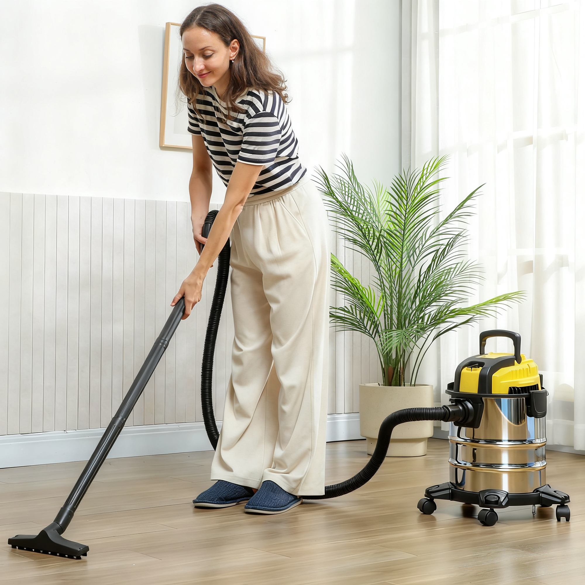 Slapjās un sausās uzkopšanas putekļsūcējs ar riteņiem, 1200 W, 20 l, sudraba, melnā un dzeltenā krāsā - Image 2