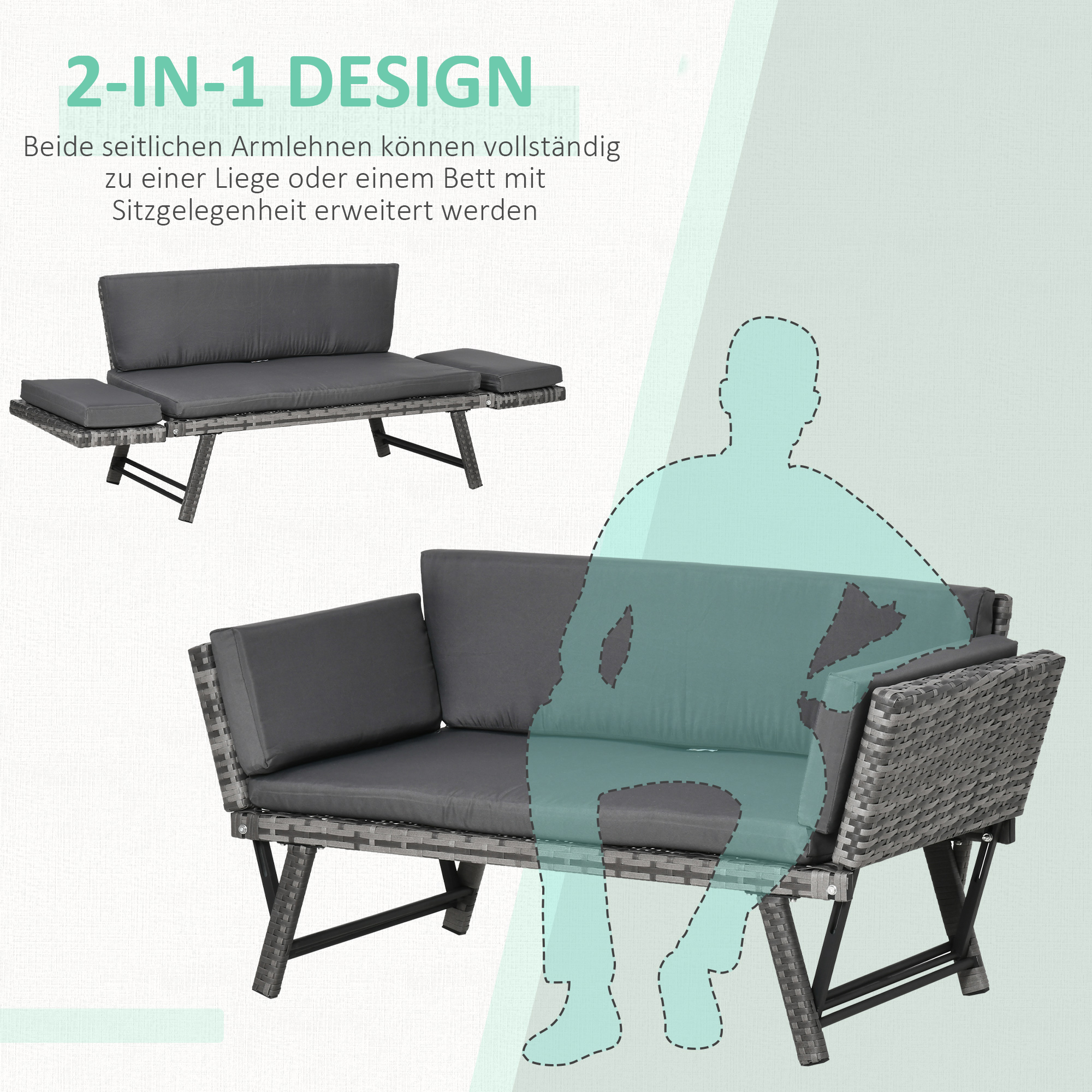2 vietų sodo sofa iš poliratano, pilka, 129 x 63 x 67 cm - Image 4