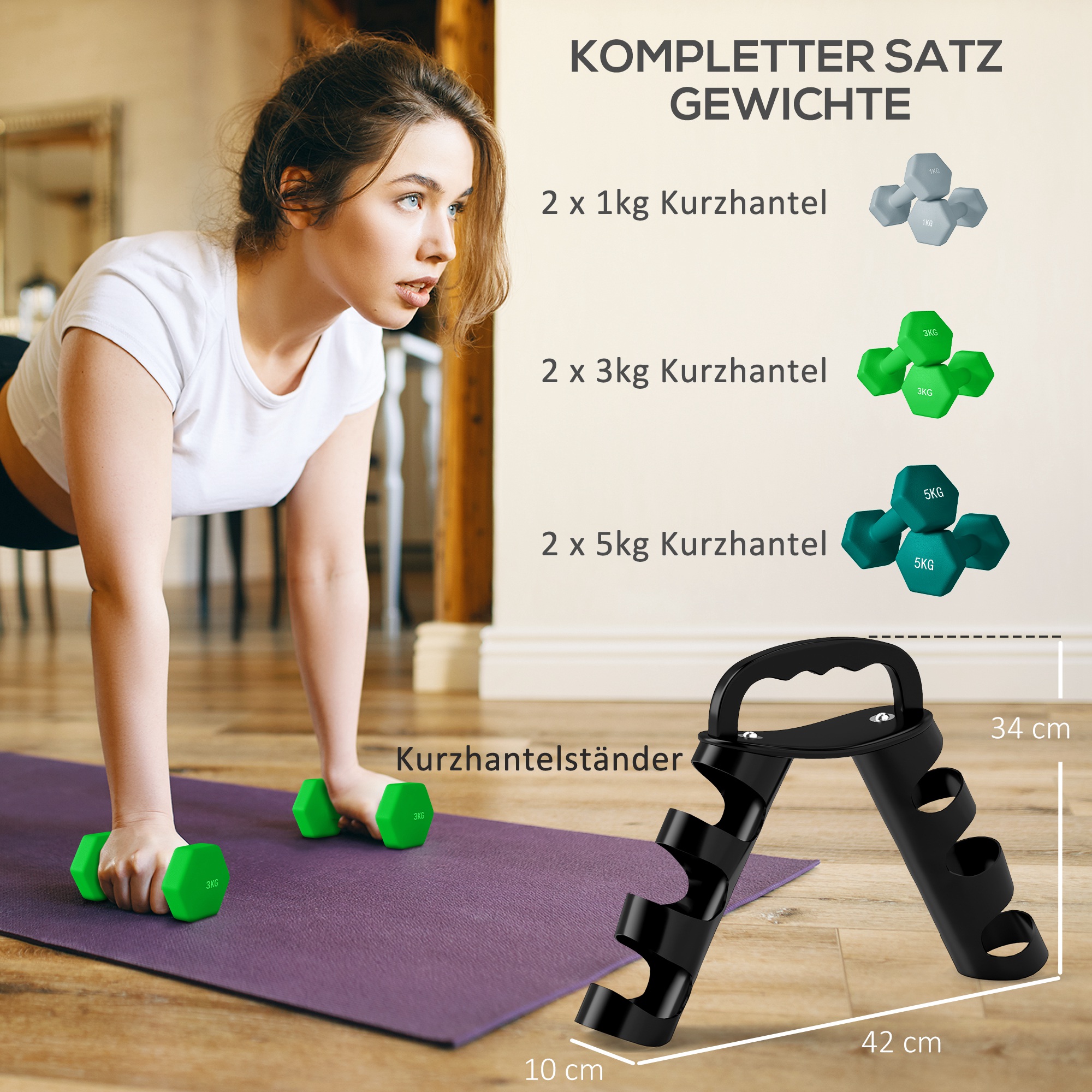 Hantelių rinkinys su laikymo stovu, 6 hanteliai fitneso treniruotėms, 2 x 1 kg, 2 x 3 kg, 2 x 5 kg - Image 4