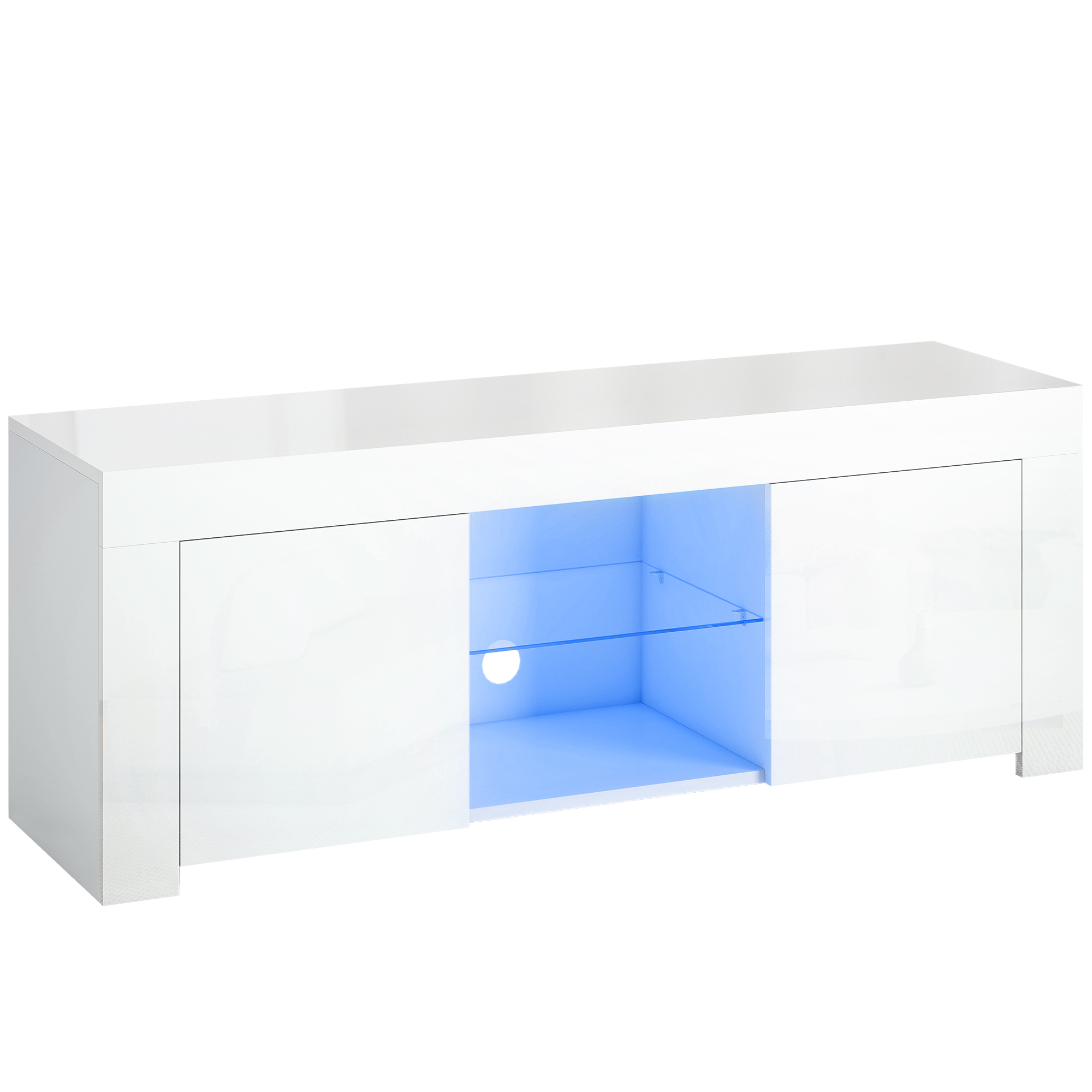Tv-alus led-valgustusega, 2 kapiust, klaasriiul, kaabliavad, valge, 120 x 34 x 45 cm