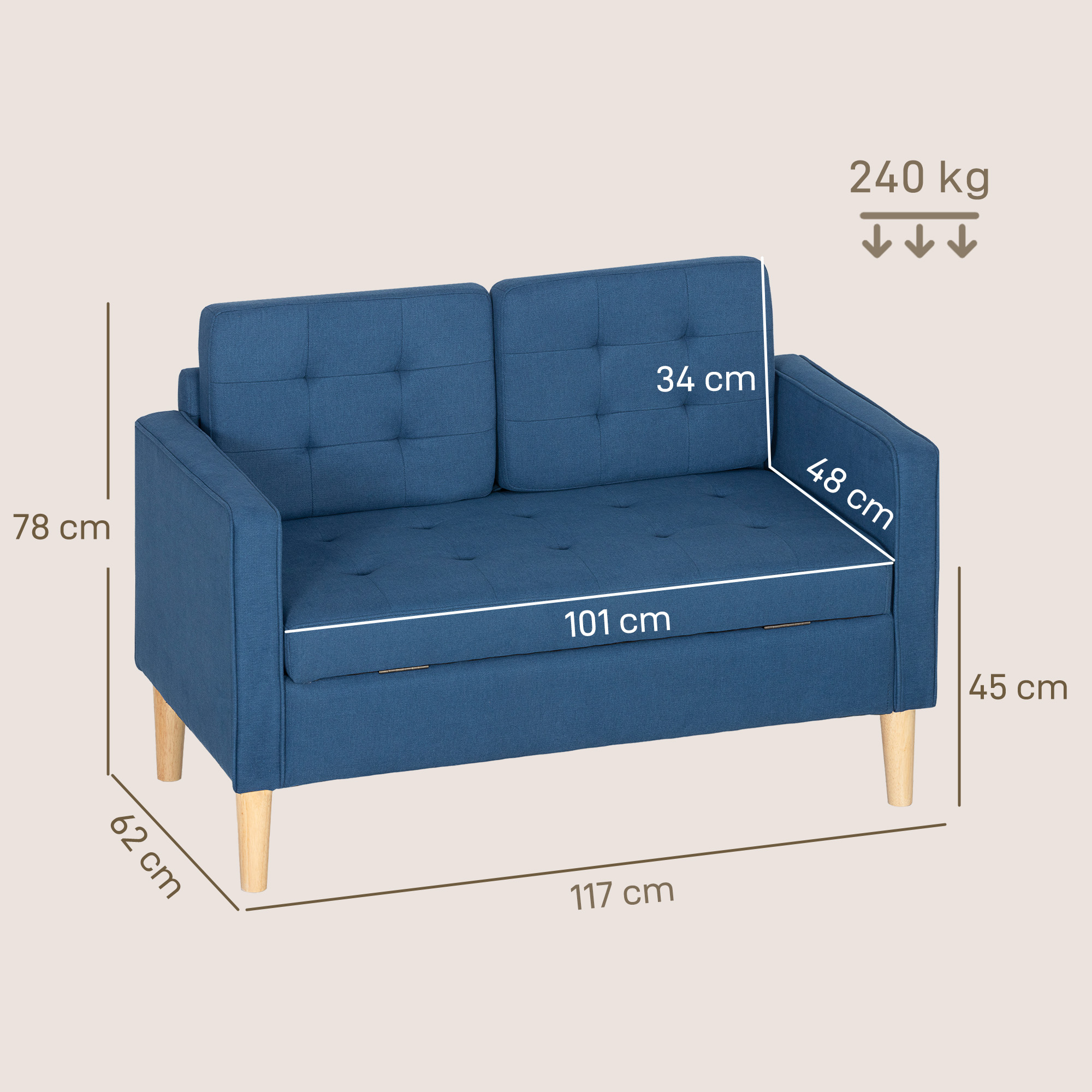 Dvivietė sofa su saugykla, mėlyna, 117 x 62 x 78 cm - Image 3