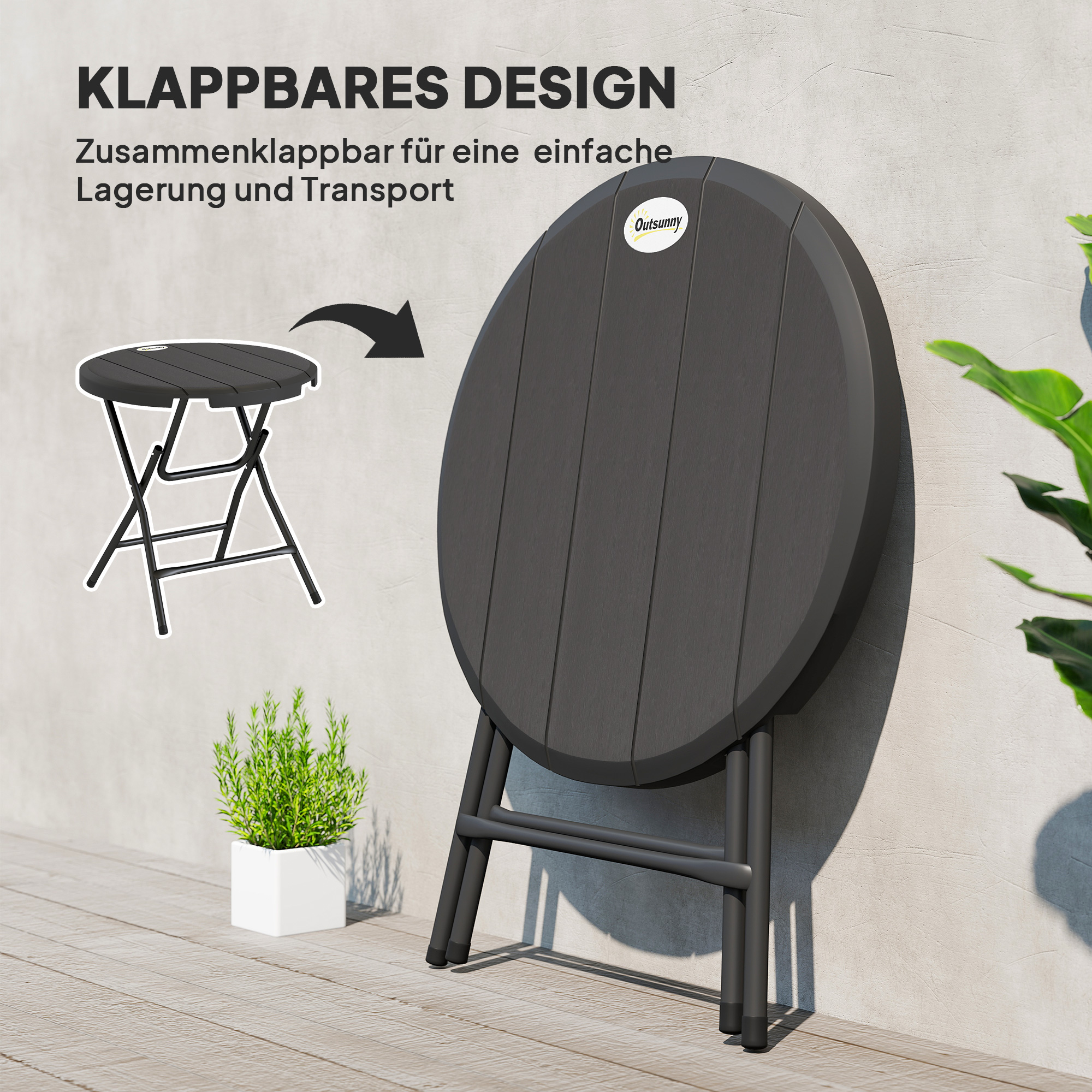 Apvalus sulankstomas sodo stalas 4 asmenims, medienos imitacija, plienas ir HDPE, tamsiai pilkas, 80 x 80 x 73 cm - Image 4