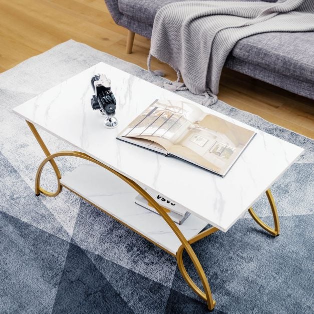 Divstāvu kafijas galds ar baltu mākslīgā marmora virsmu un zelta metāla rāmi, 100 × 50 × 45 cm - Image 2