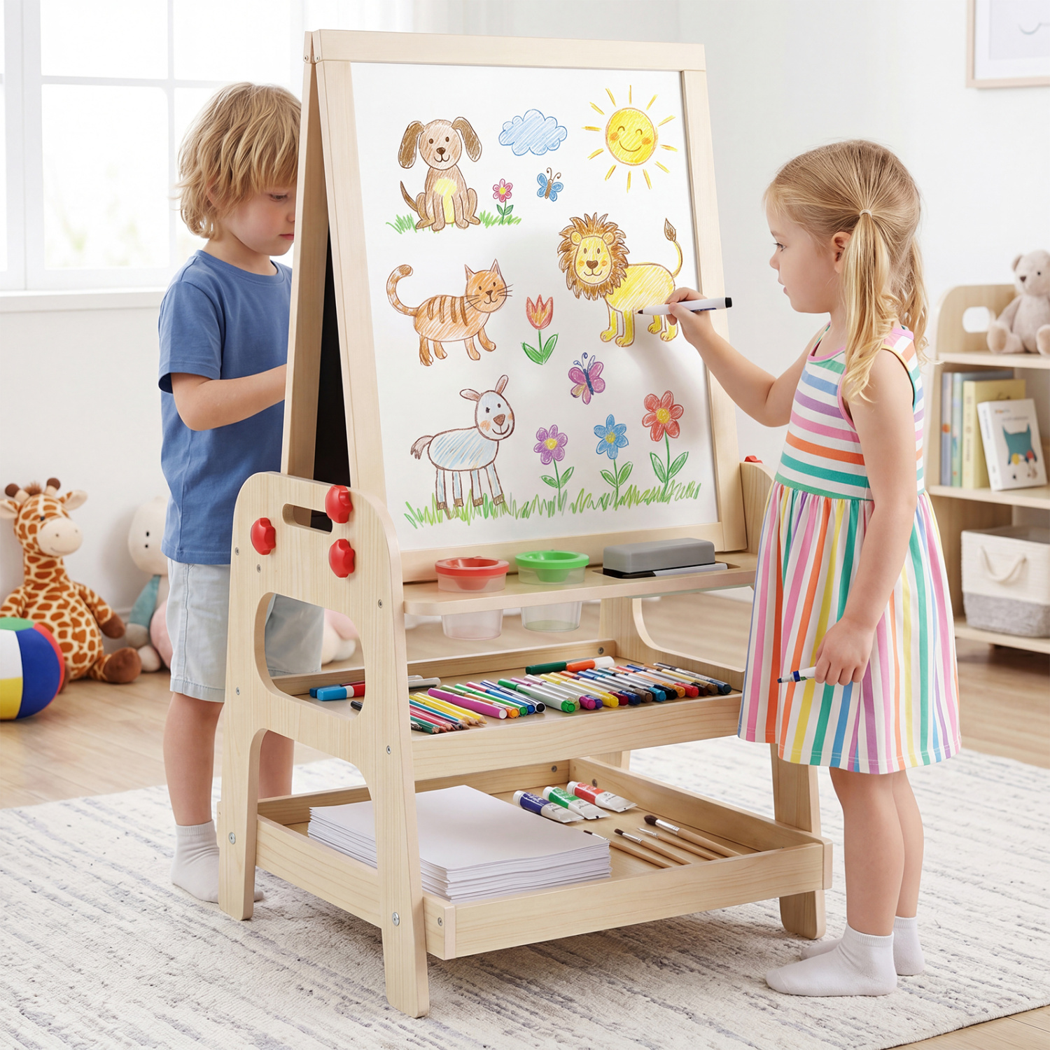 2-in-1 lasten maalausteline magneettitaululla ja helmepadalla, luonnollinen - Image 4