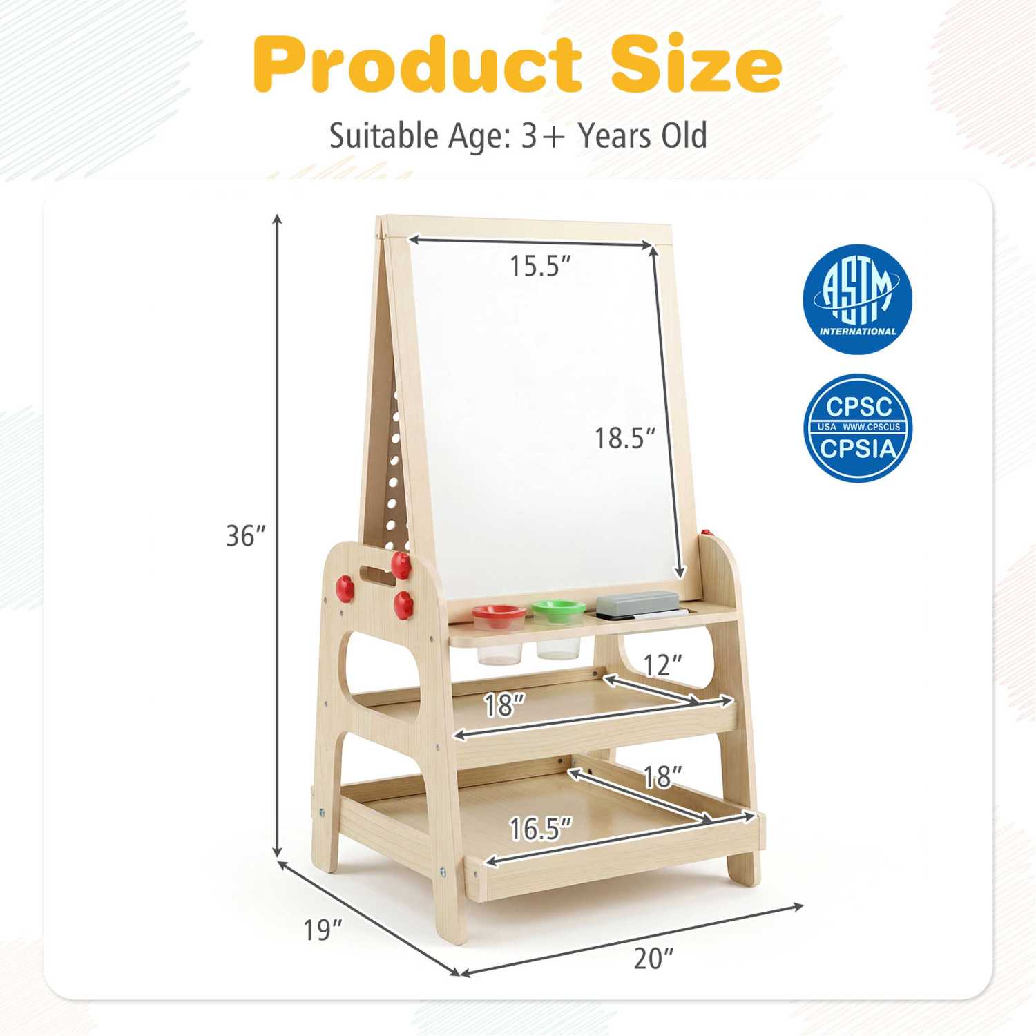 2-in-1 lasten maalausteline magneettitaululla ja helmepadalla, luonnollinen - Image 3