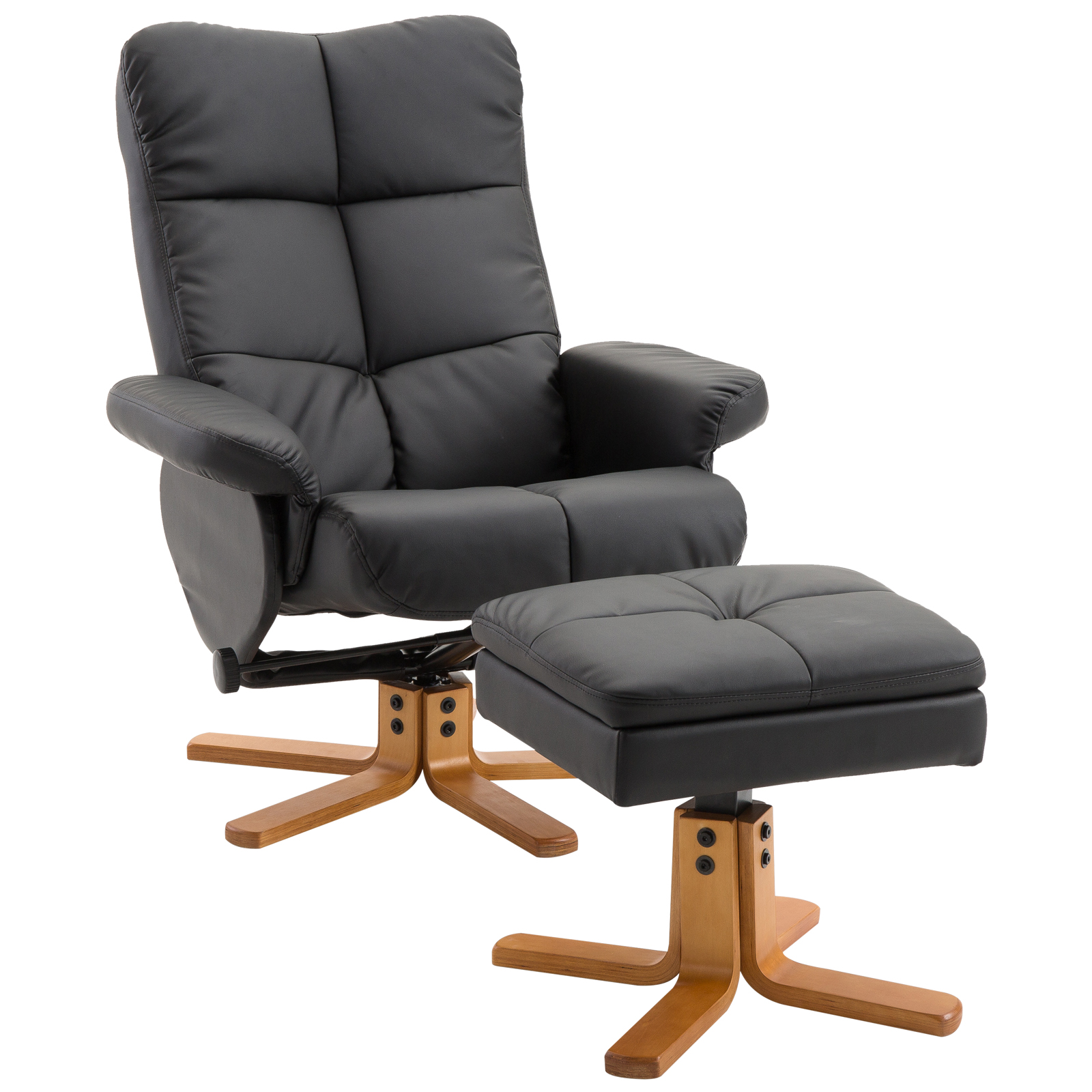 Lõõgastustool jalatoega, must, kunstnahk, 2-osaline komplekt, 80 x 86 x 99 cm