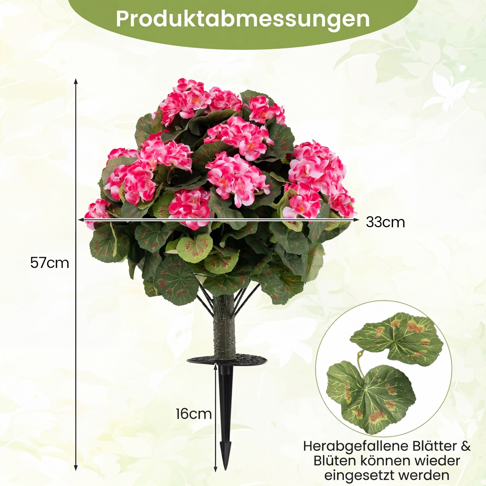 2 rožių spalvos dirbtinių pelargonijų rinkinys su PE kotais ir šilko lapais - Image 2