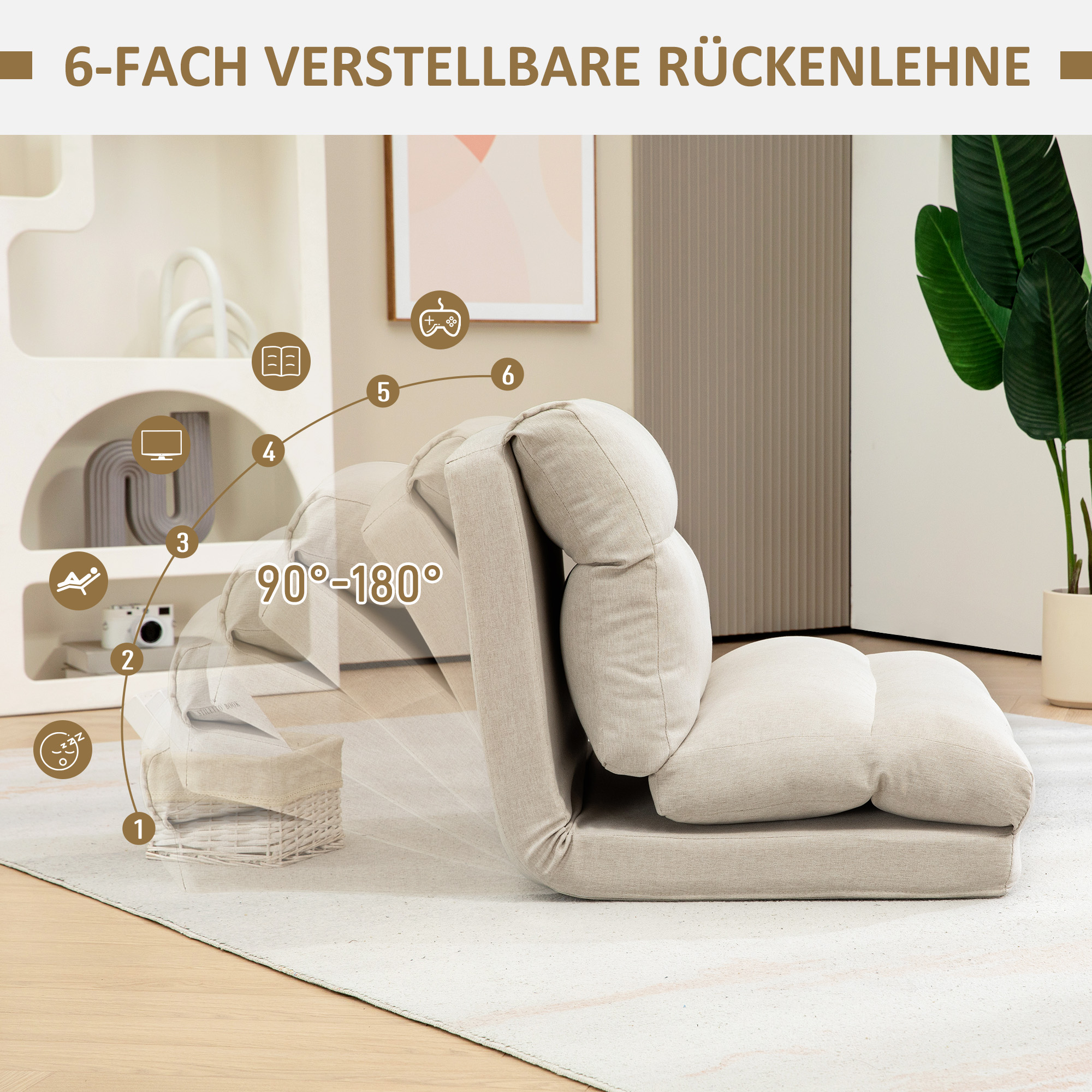 Grīdas krēsls ar gultas funkciju, regulējama atzveltne, salokāms, smilškrāsa, 70 x 72 x 56 cm - Image 5