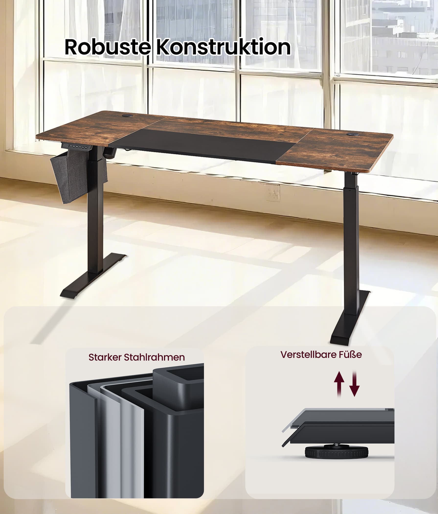 Elektriski regulējams rakstāmgalds, 70 x 160 x 72-120 cm, brūns, melns - Image 3