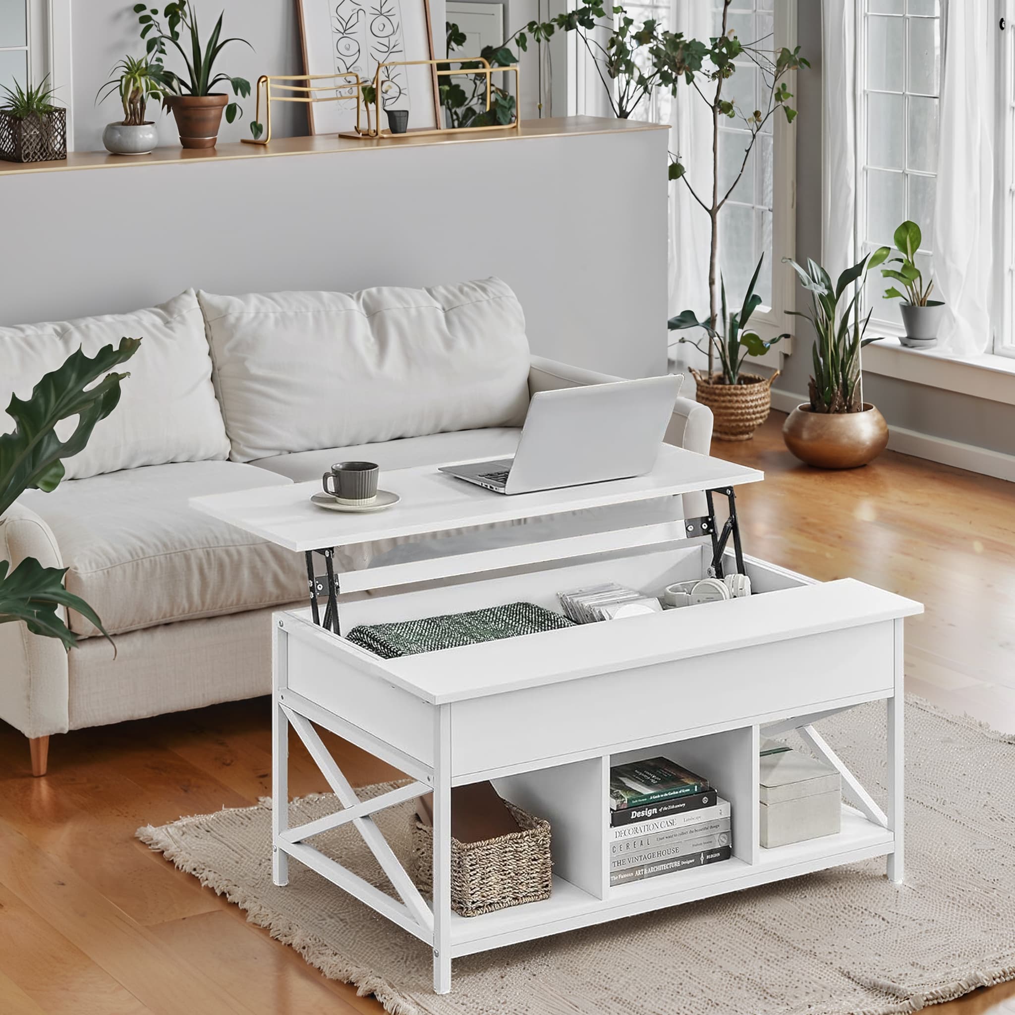 Kafijas galdiņš ar paceļamu virsmu, 60 x 100 x 48–62 cm, skaidu plātne un tērauds, balts - Image 3